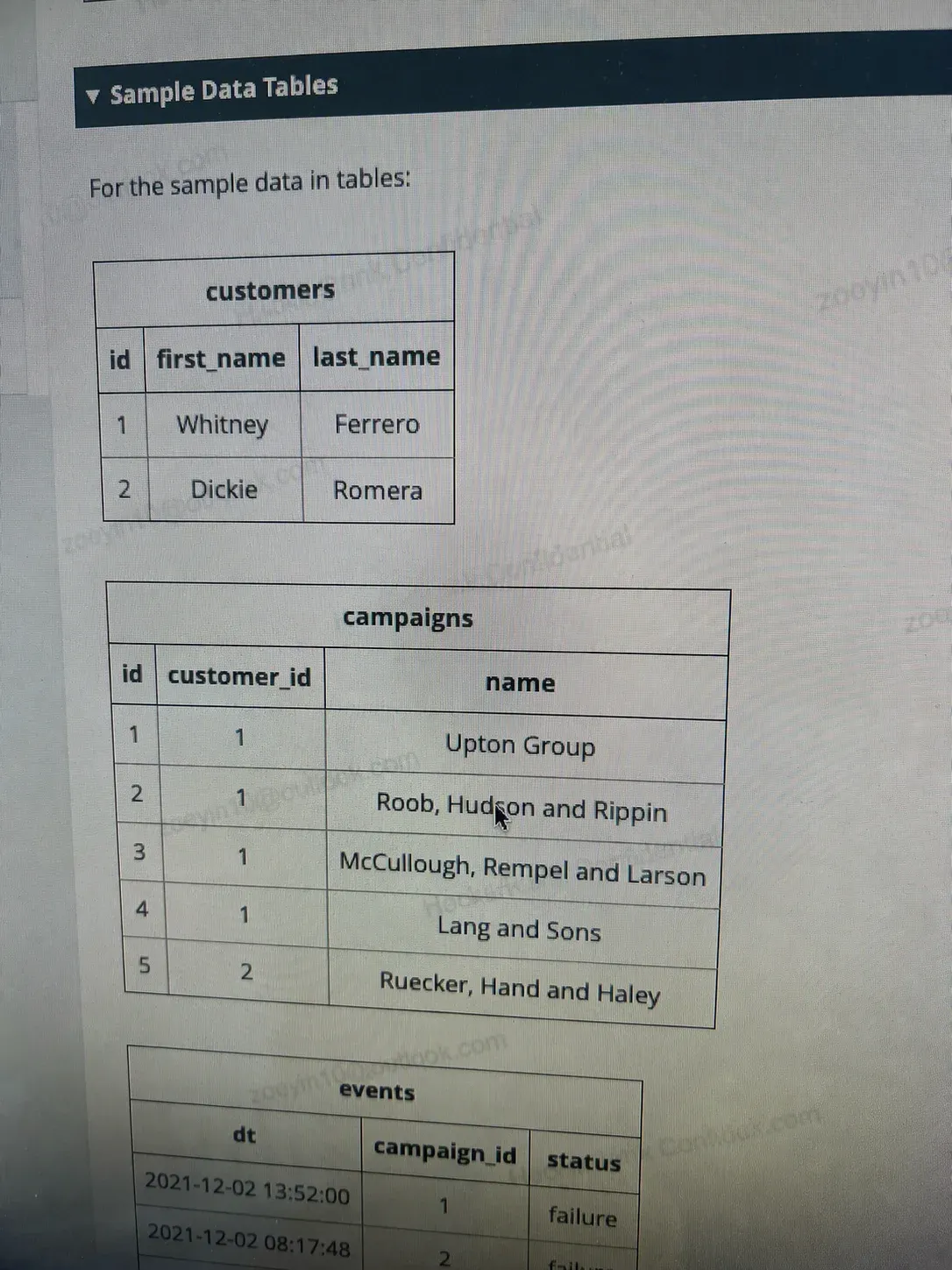 Question 3: SQL Customer Campaign Events — candidate-provided screenshot, bottom-right source watermark removed