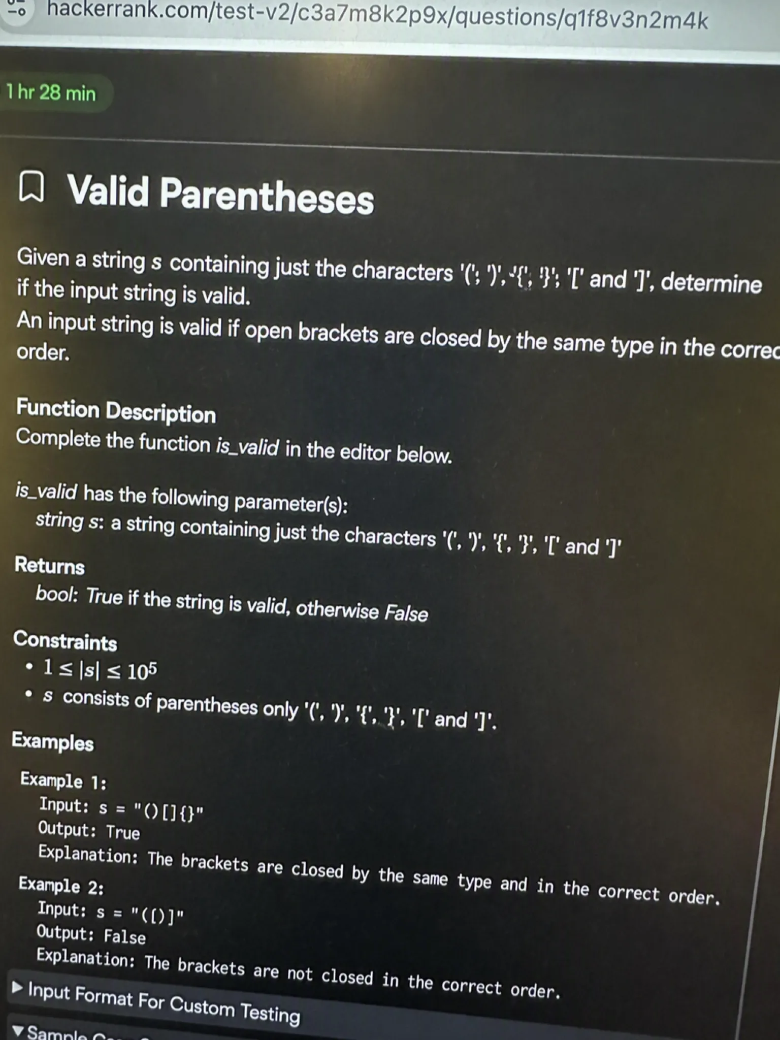 HackerRank OA question 1 — Valid Parentheses