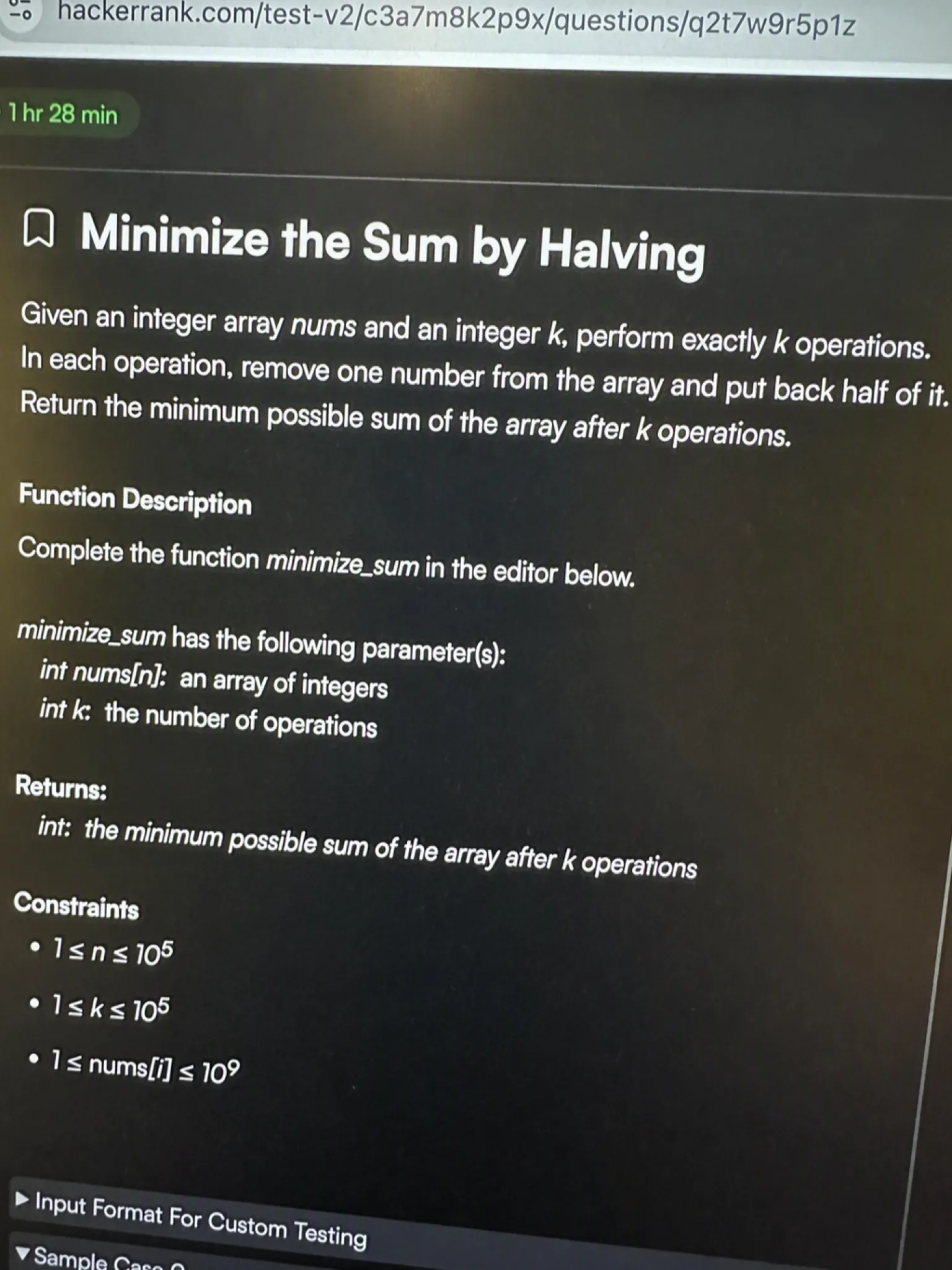 HackerRank OA question 2 — Minimize the Sum by Halving