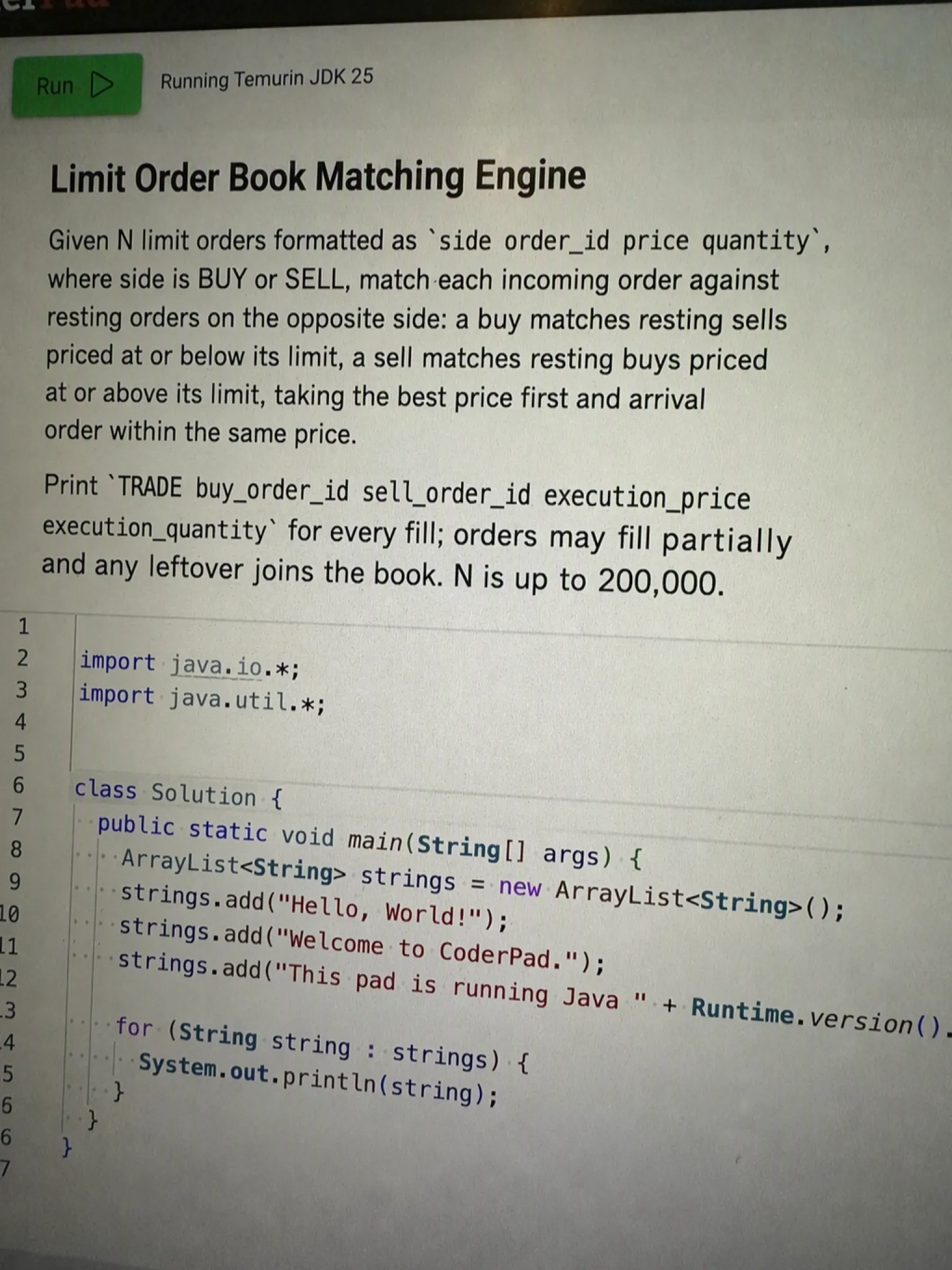 CoderPad OA question 1: Limit Order Book Matching Engine