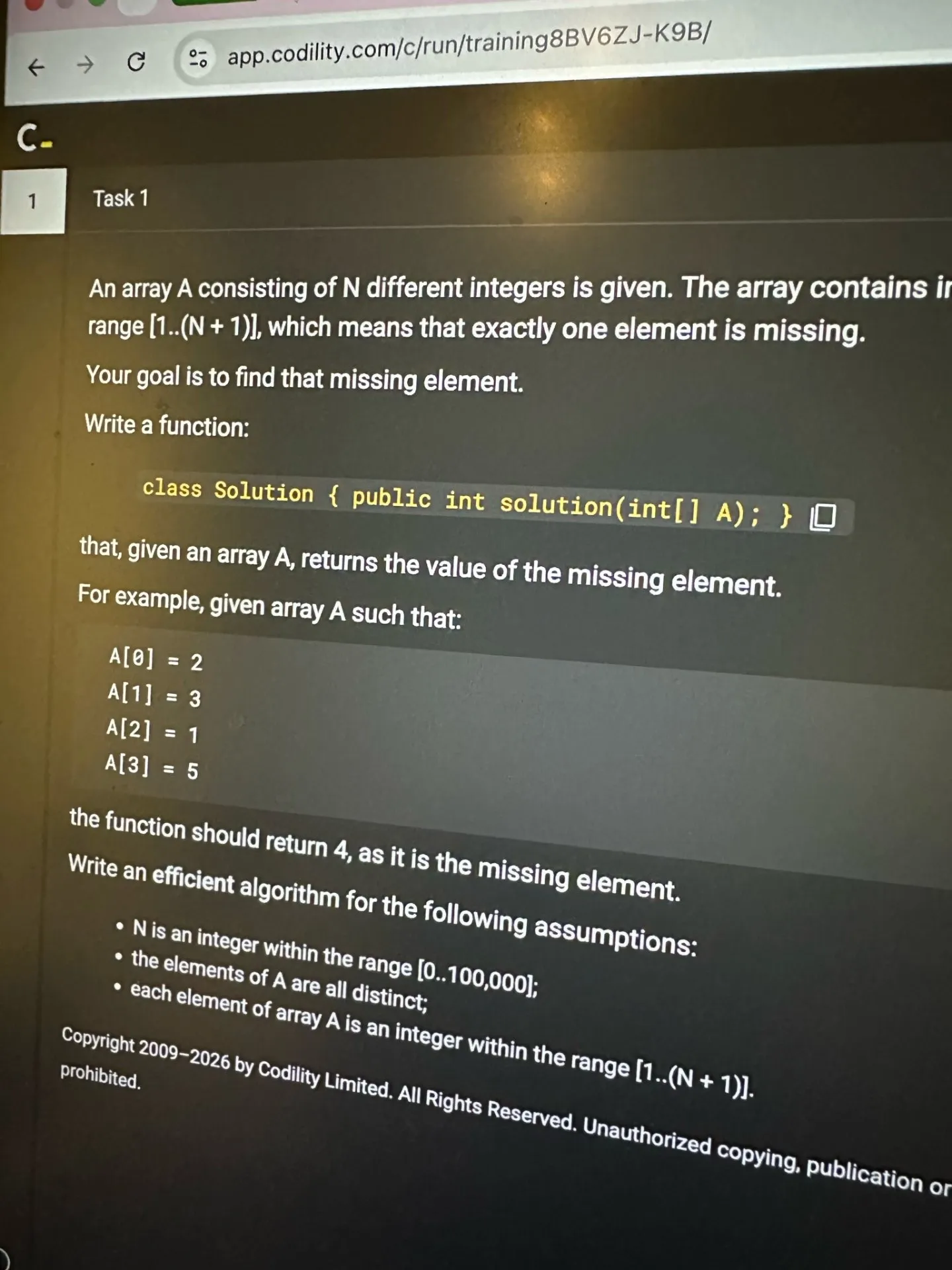 The Codility assessment interface