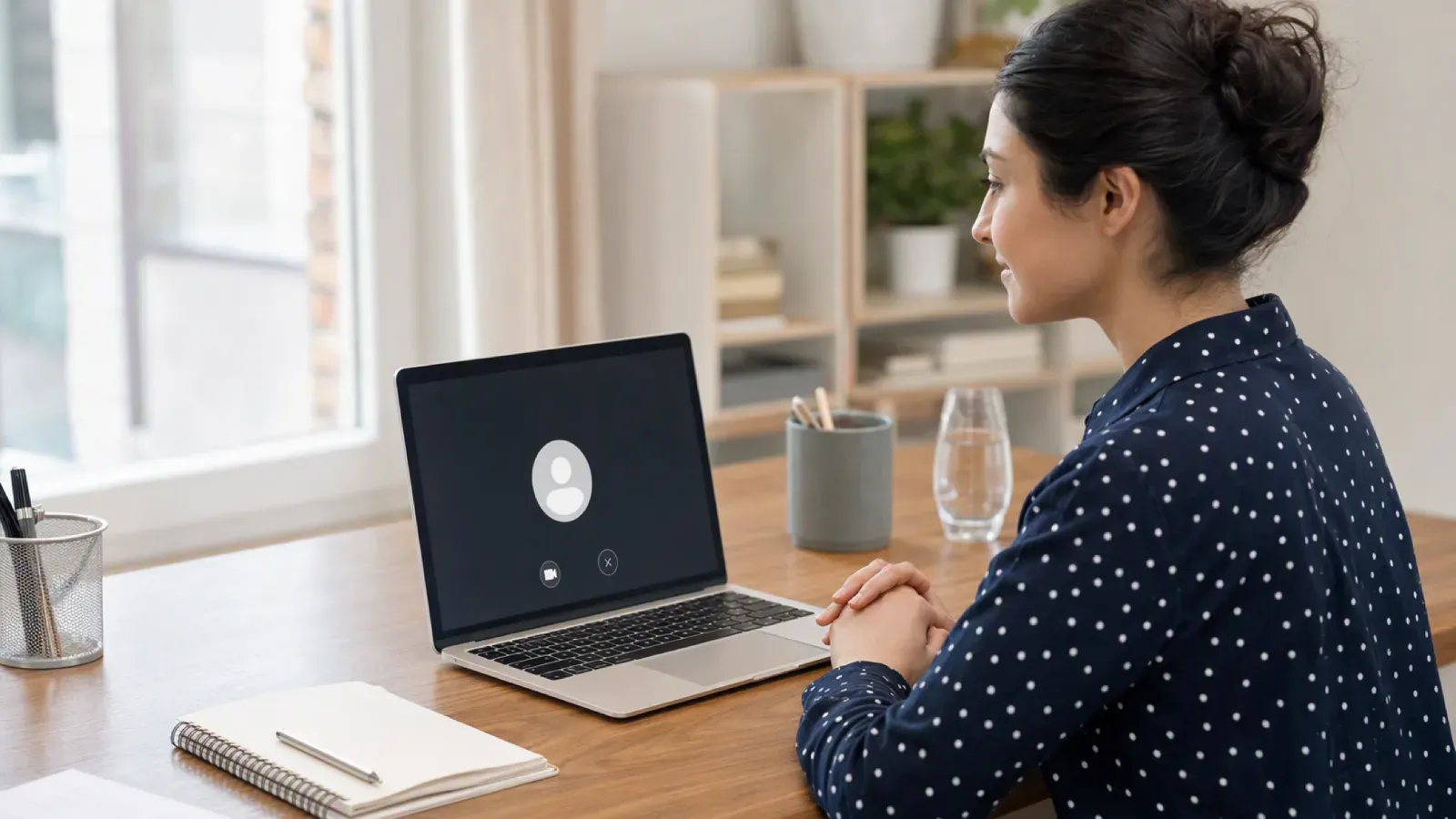Candidate at a well-lit desk facing a laptop webcam during a CoderPad interview
