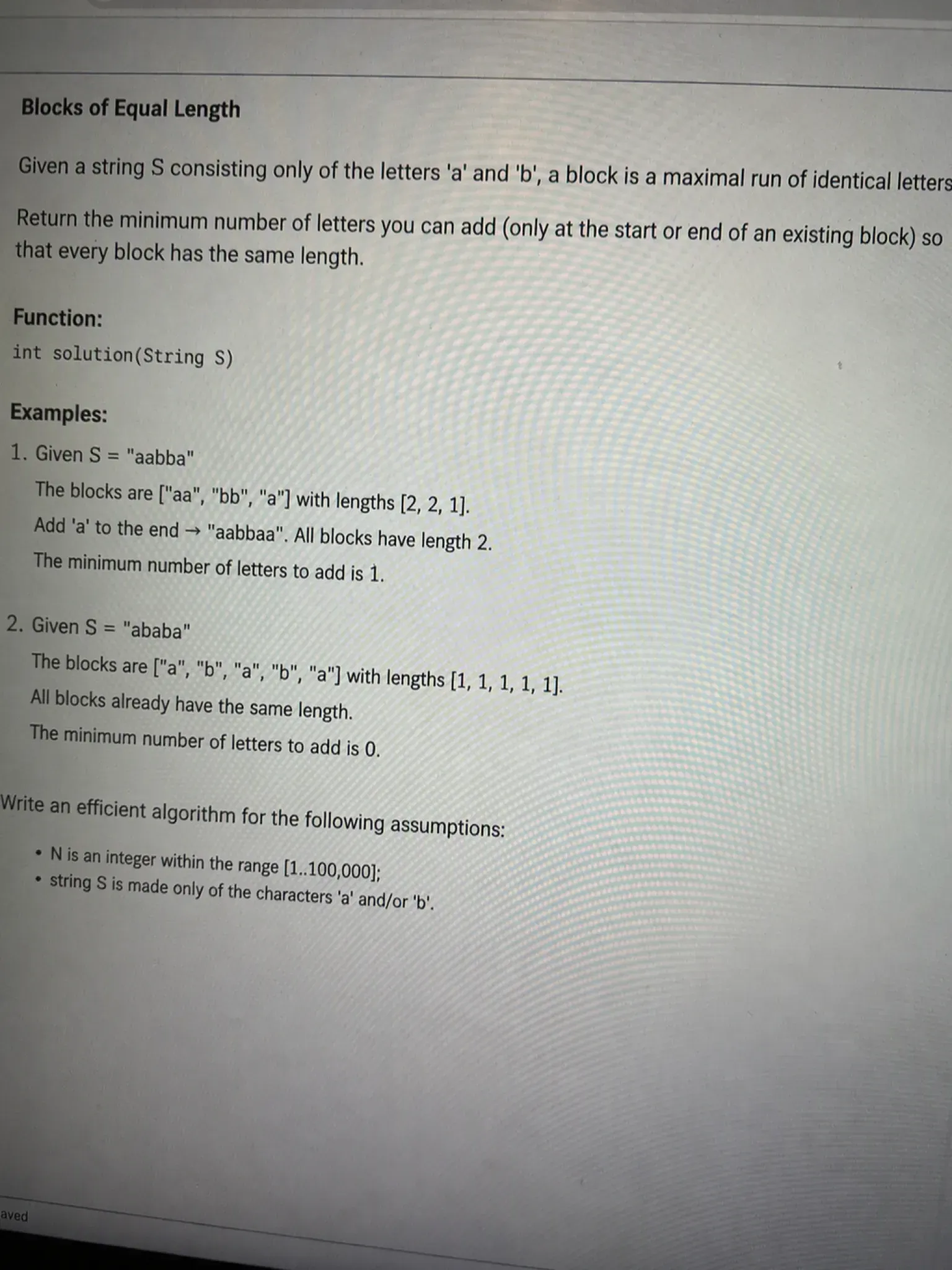 Codility OA question 1: Blocks of Equal Length