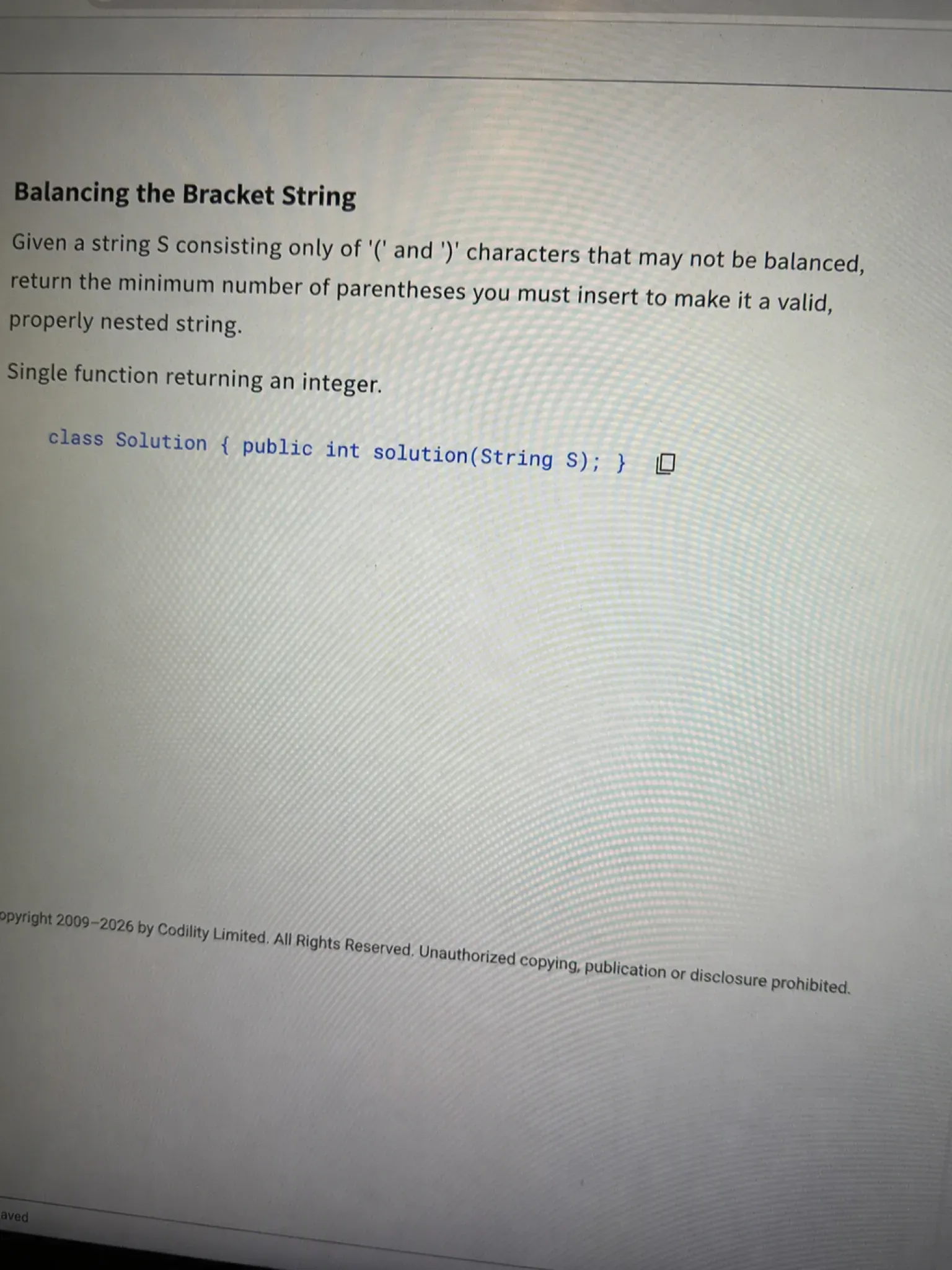 Codility OA question 2: Balancing the Bracket String