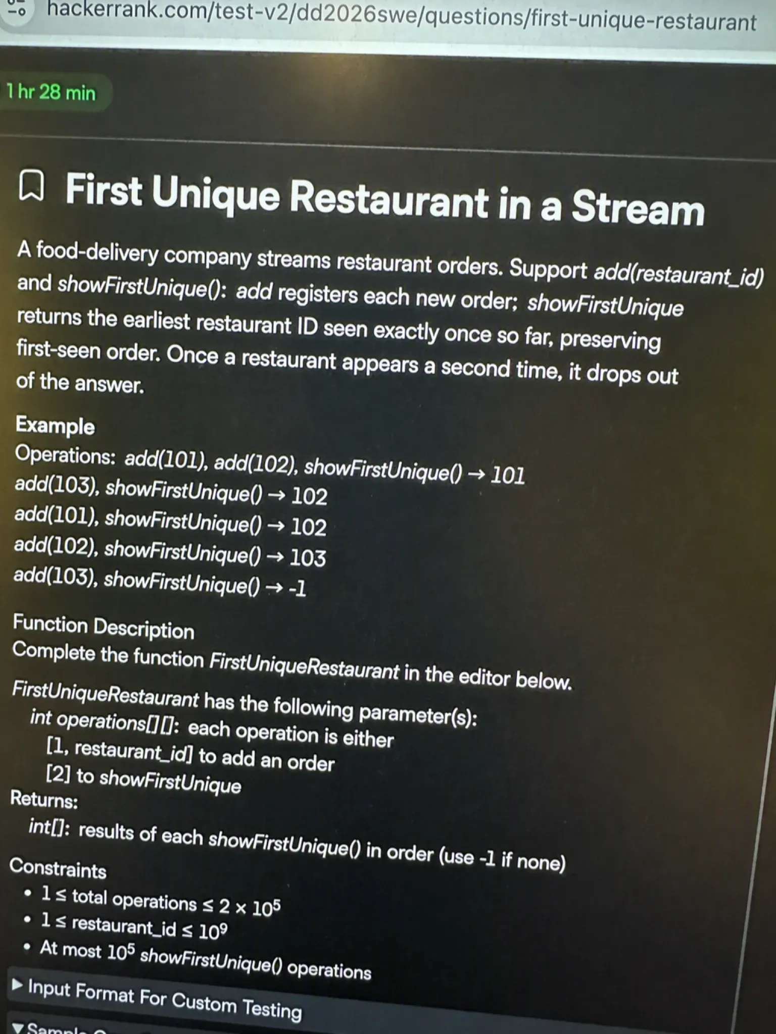 DoorDash HackerRank question: First Unique Restaurant in a Stream