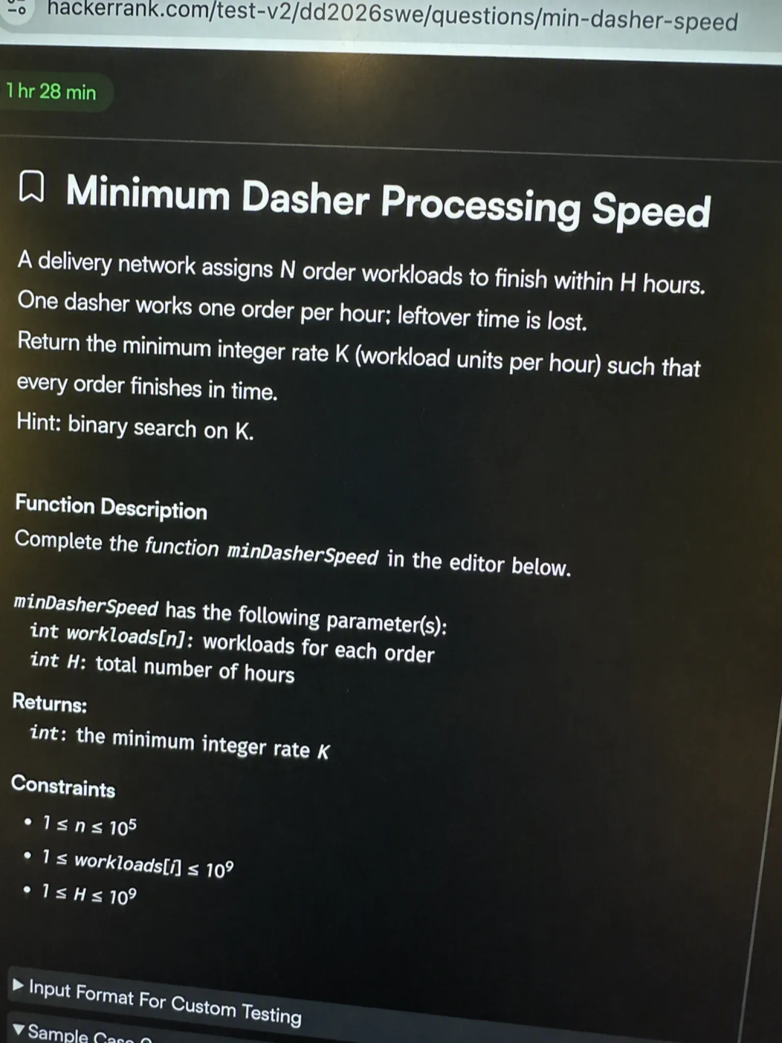 DoorDash HackerRank question: Minimum Dasher Processing Speed