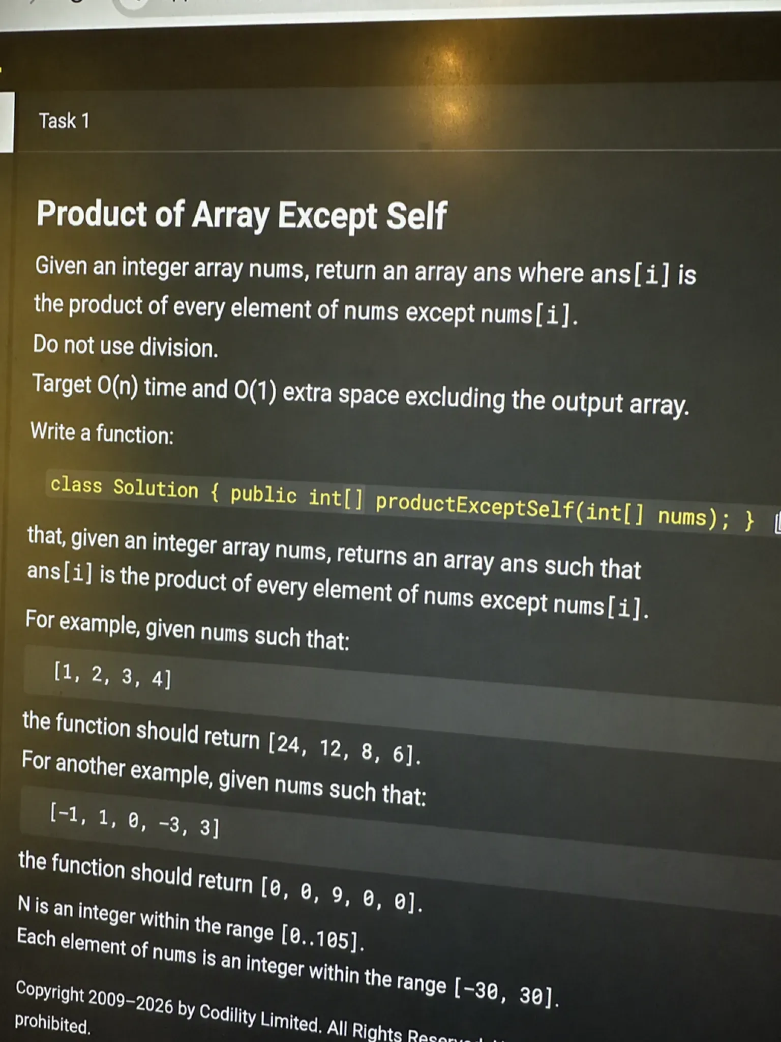 My GEICO Codility question 1 - Product of Array Except Self