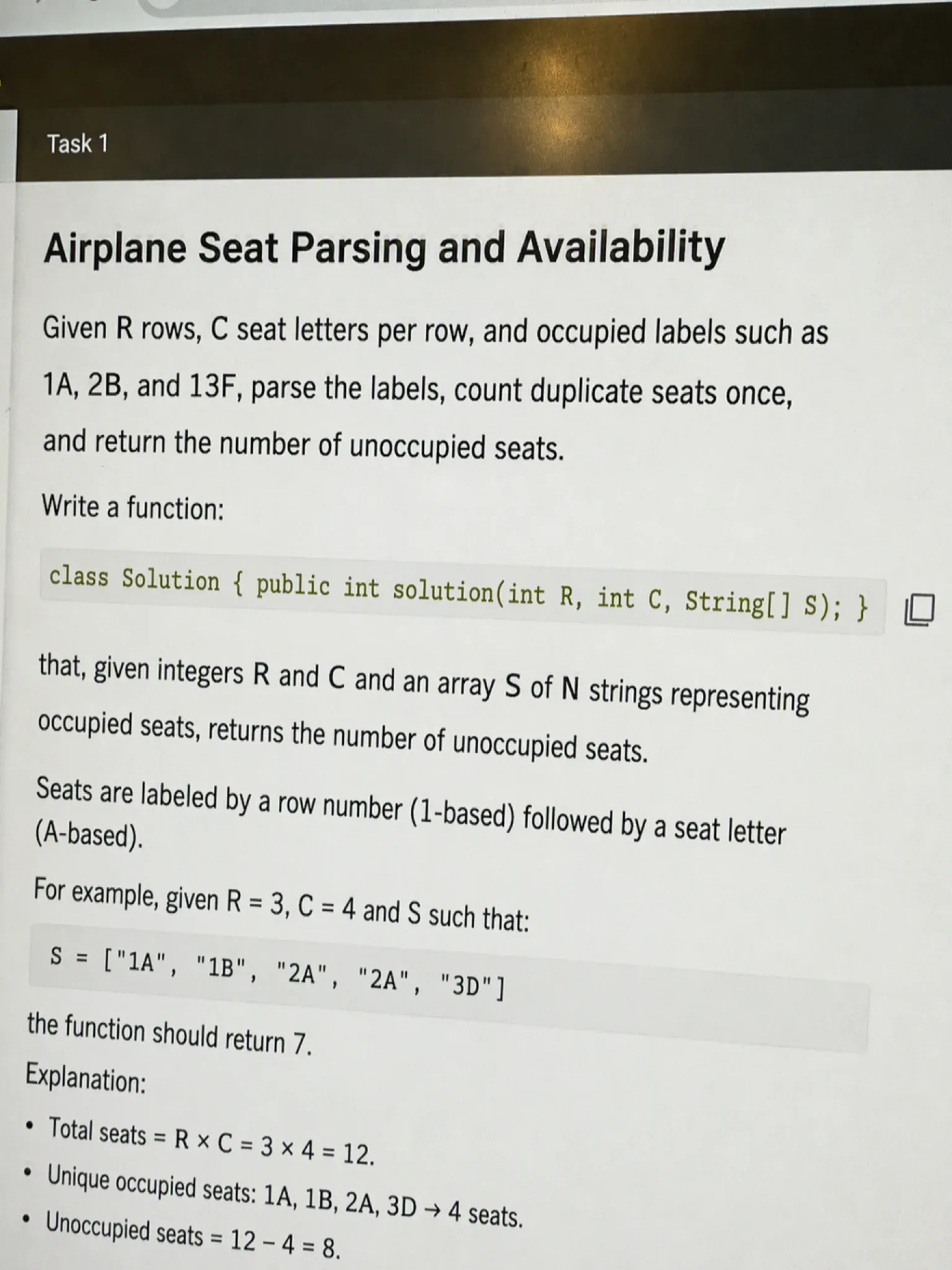 My GEICO Codility question 2 - Airplane Seat Parsing and Availability