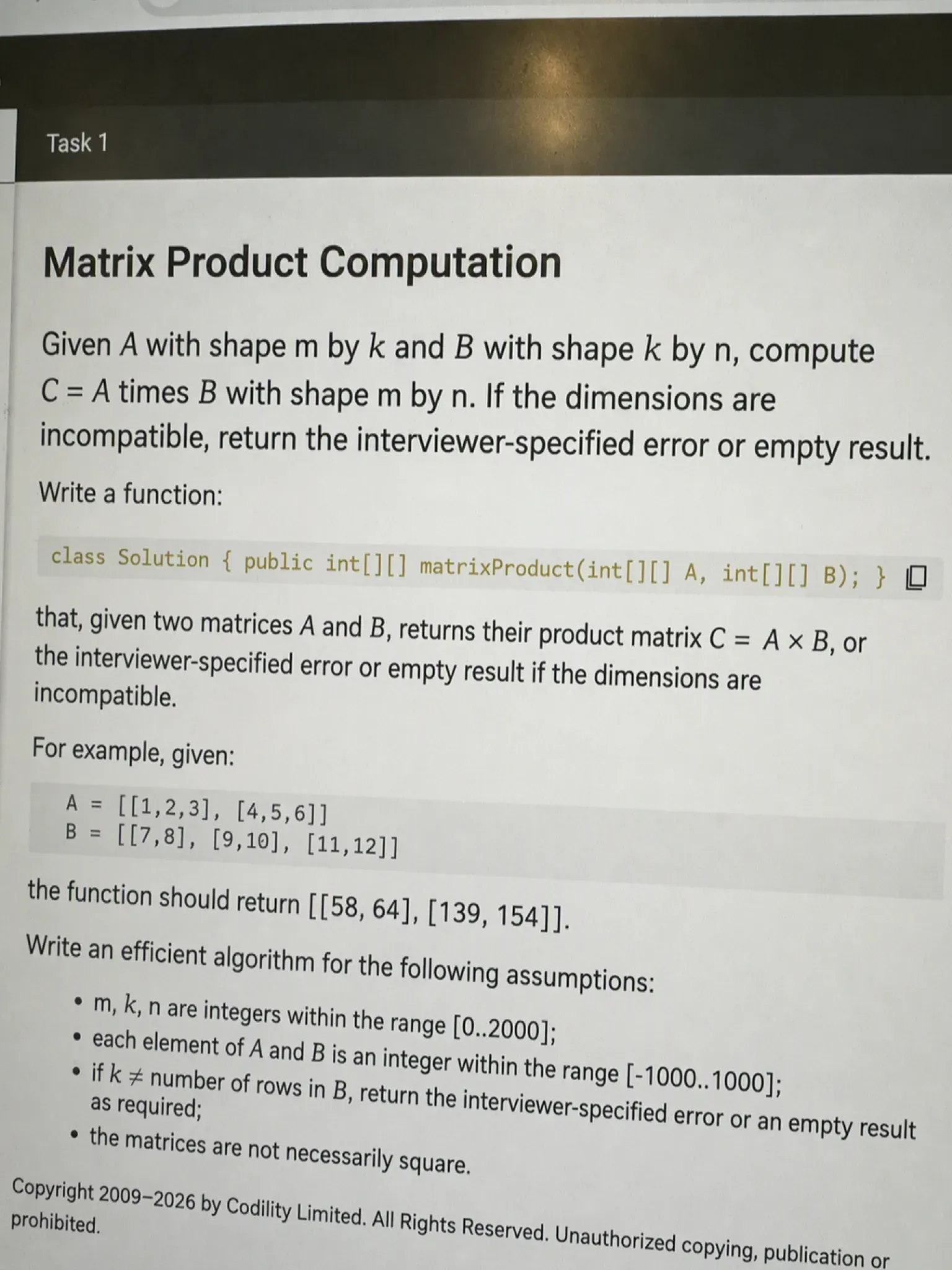 My GEICO Codility question 4 - Matrix Product Computation