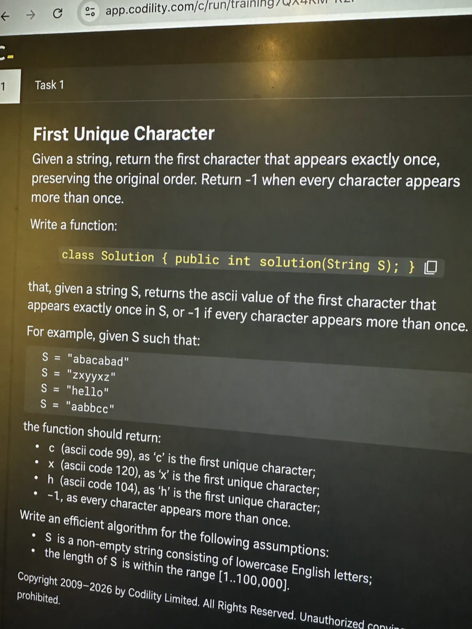Codility OA question 1 — First Unique Character