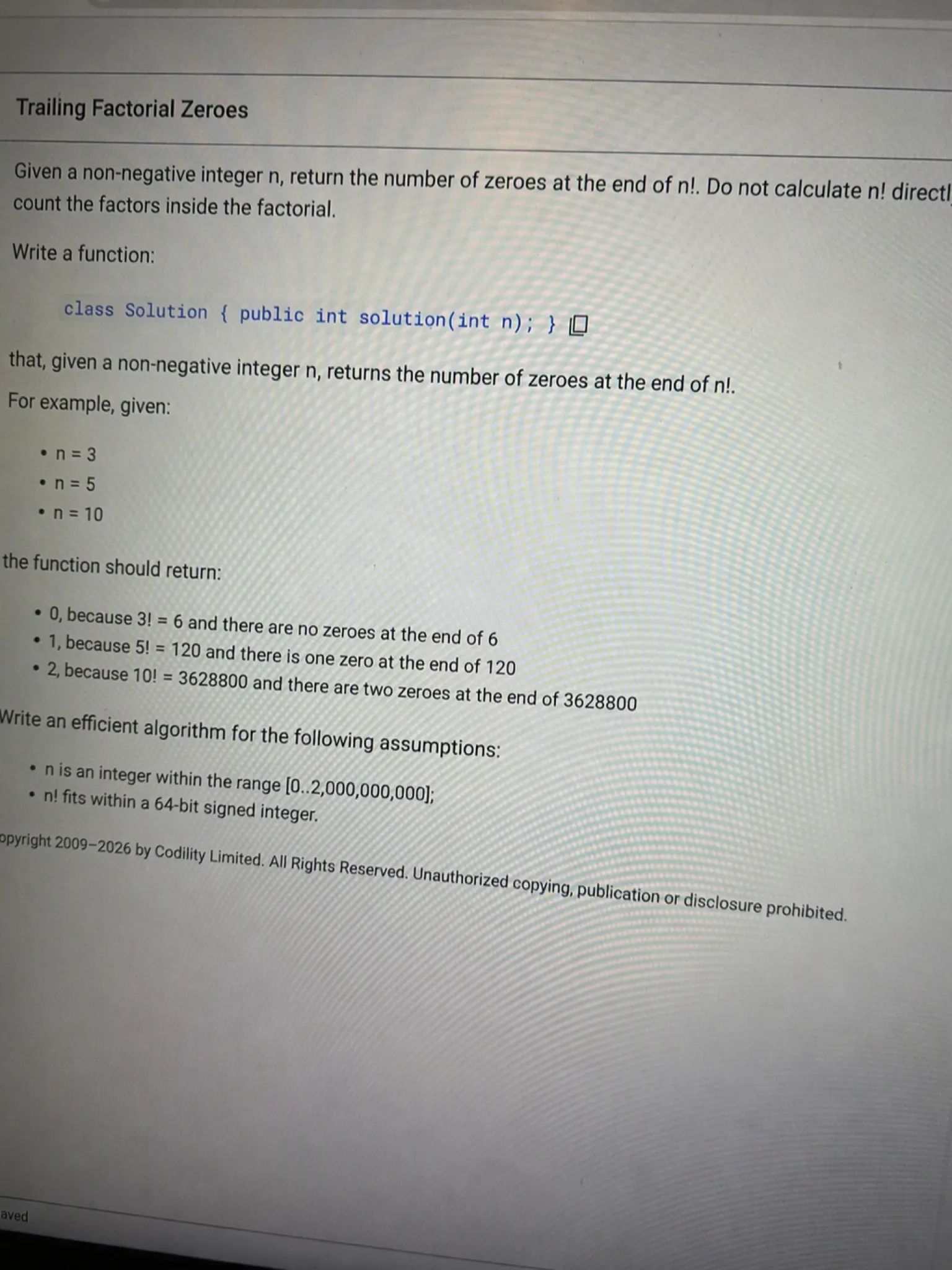 Codility OA question 2 — Trailing Factorial Zeroes