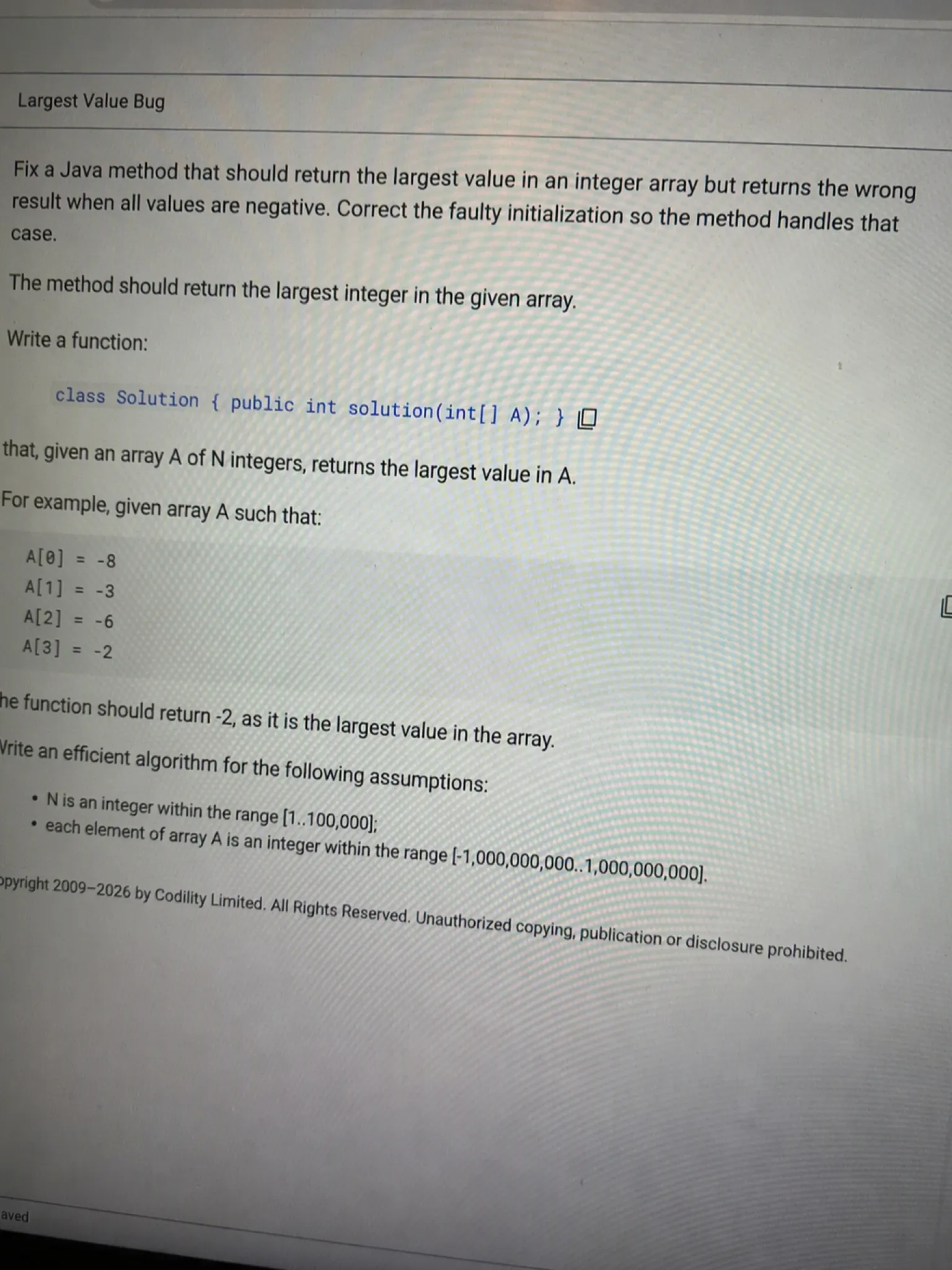 Codility OA question 3 — Largest Value Bug