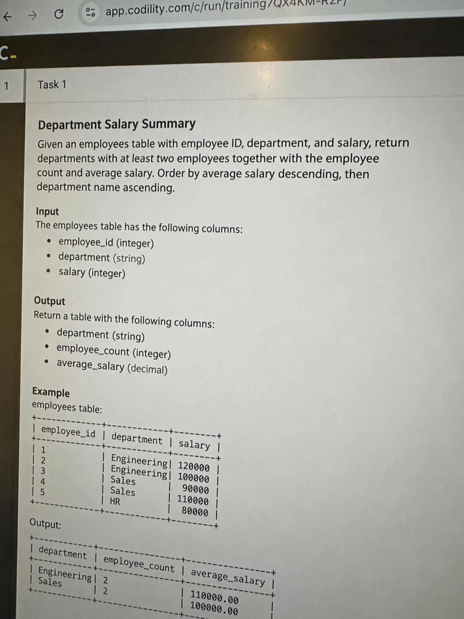 Codility OA question 4 — Department Salary Summary
