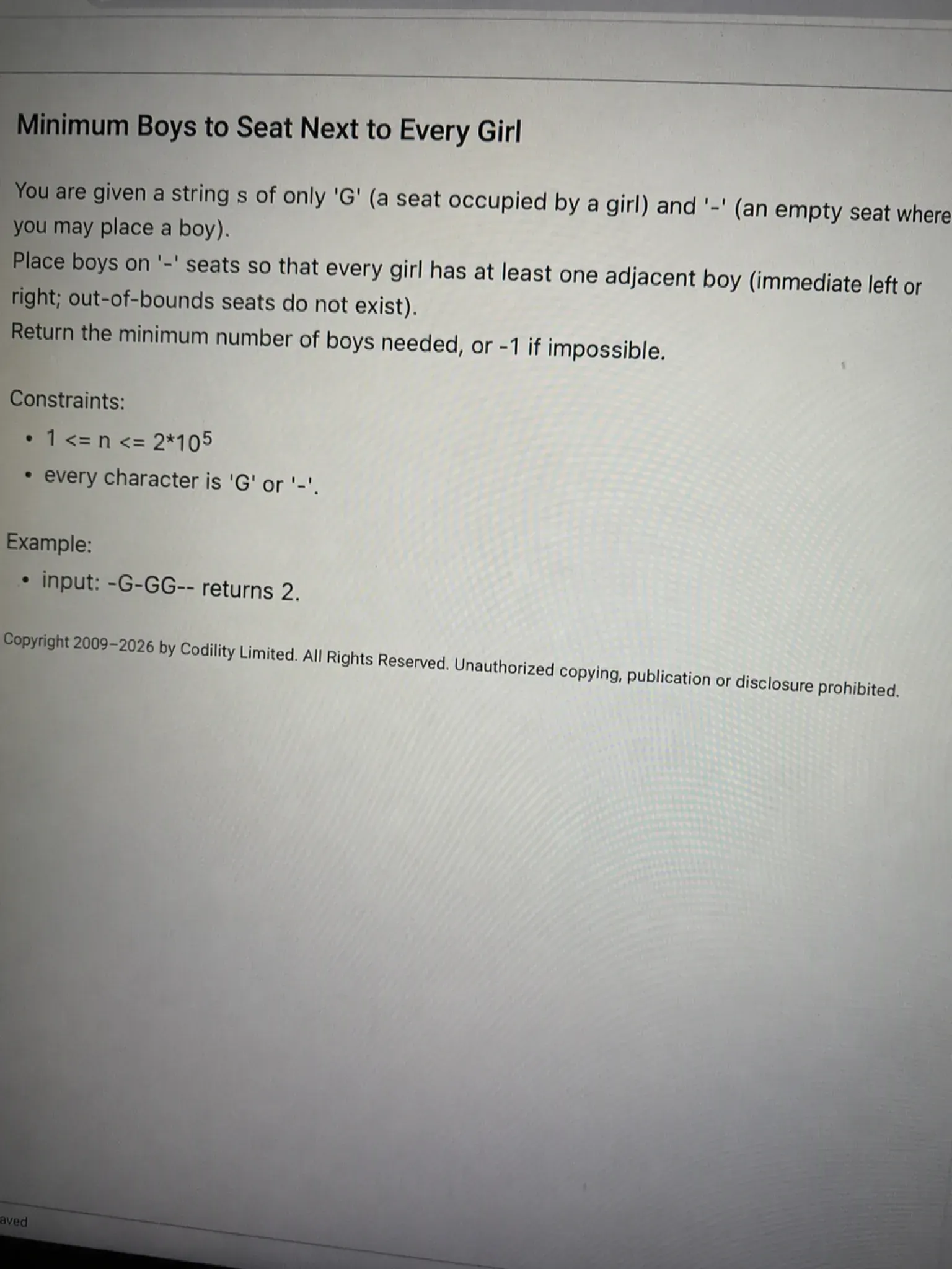 Codility OA problem bank — Minimum Boys to Seat Next to Every Girl