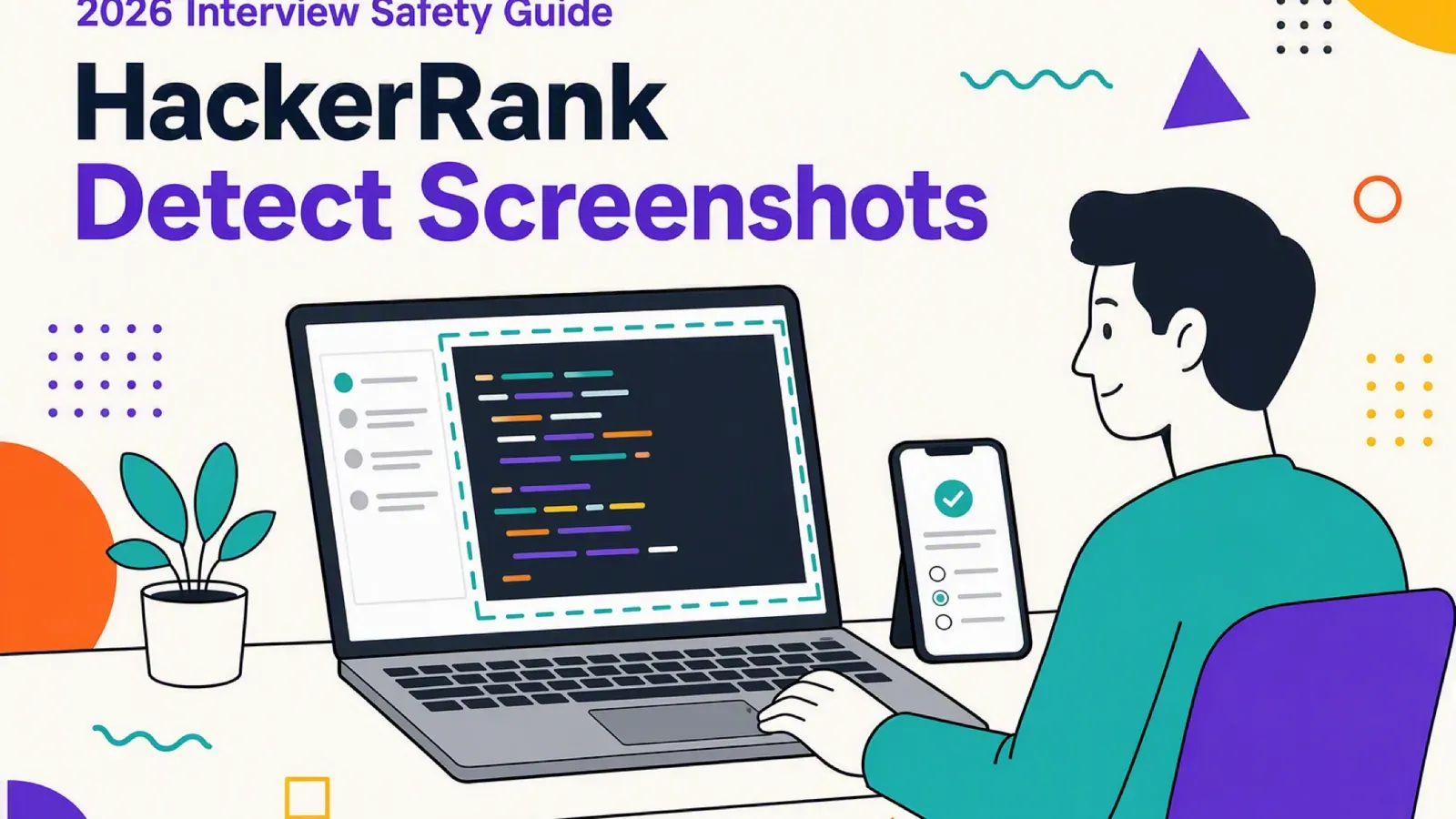 Illustration of a candidate taking a HackerRank assessment on a laptop, with a phone beside it showing a separate AI interview assistant, titled \"Does HackerRank Detect Screenshots?\"