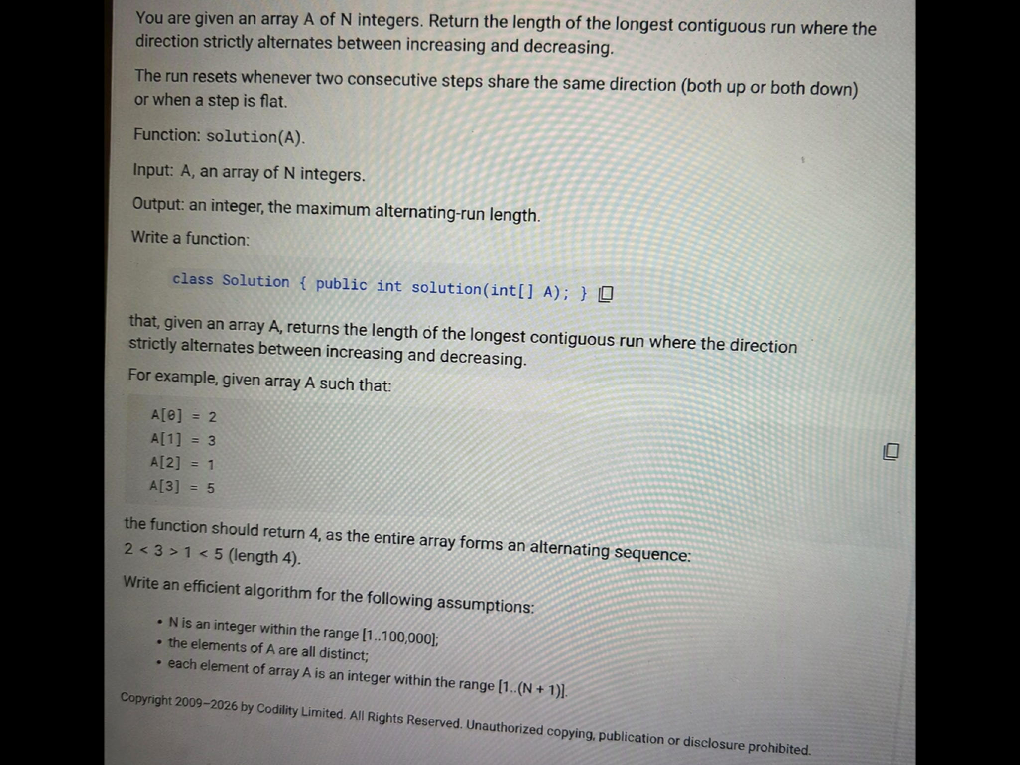 Marshall Wace Codility Question 1: Longest Alternating Slope problem panel