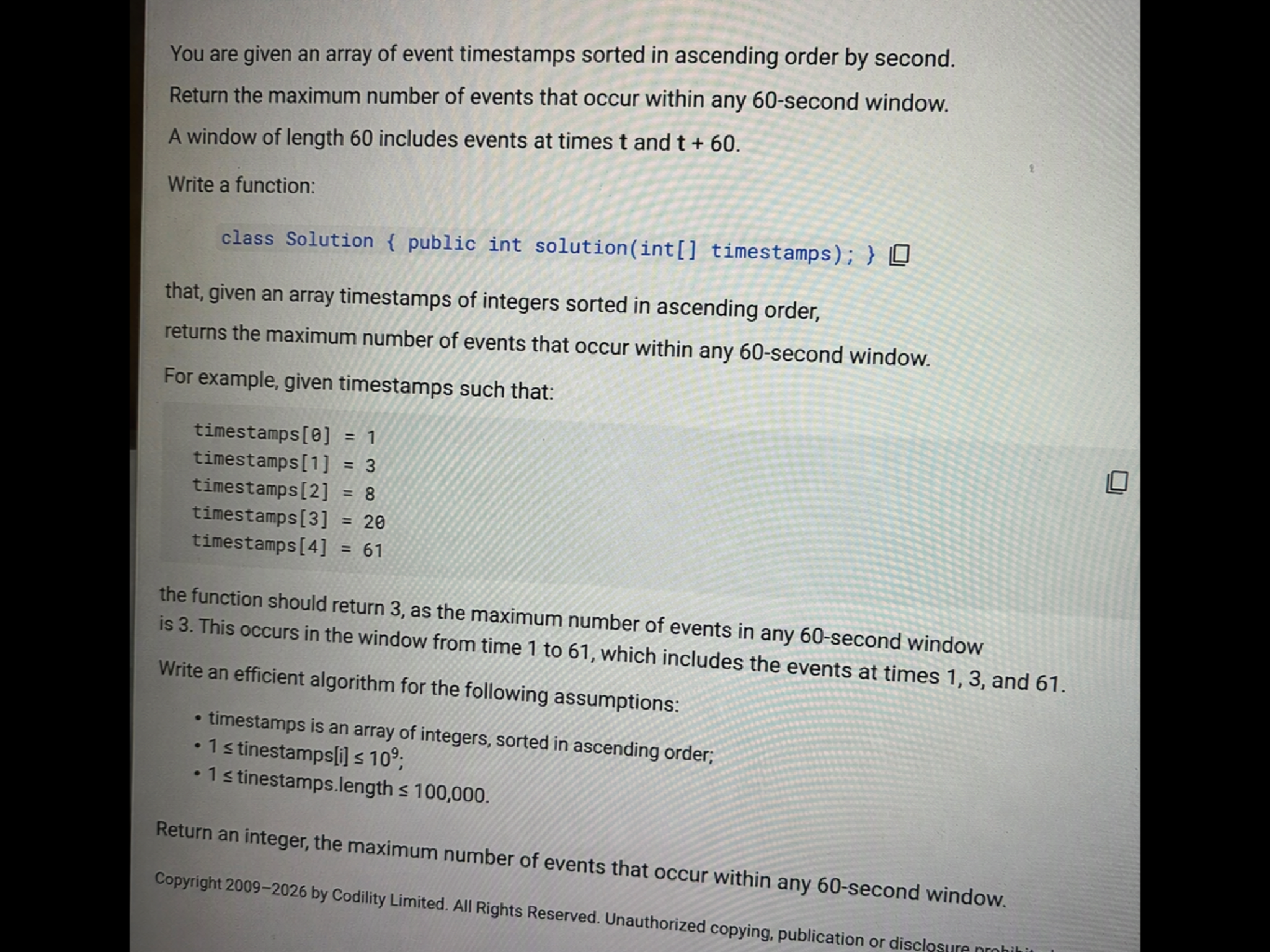 Marshall Wace Codility Question 3: Most Events in a 60-Second Window problem panel