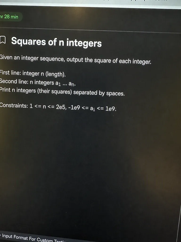 HackerRank OA question 1 — Squares of n integers