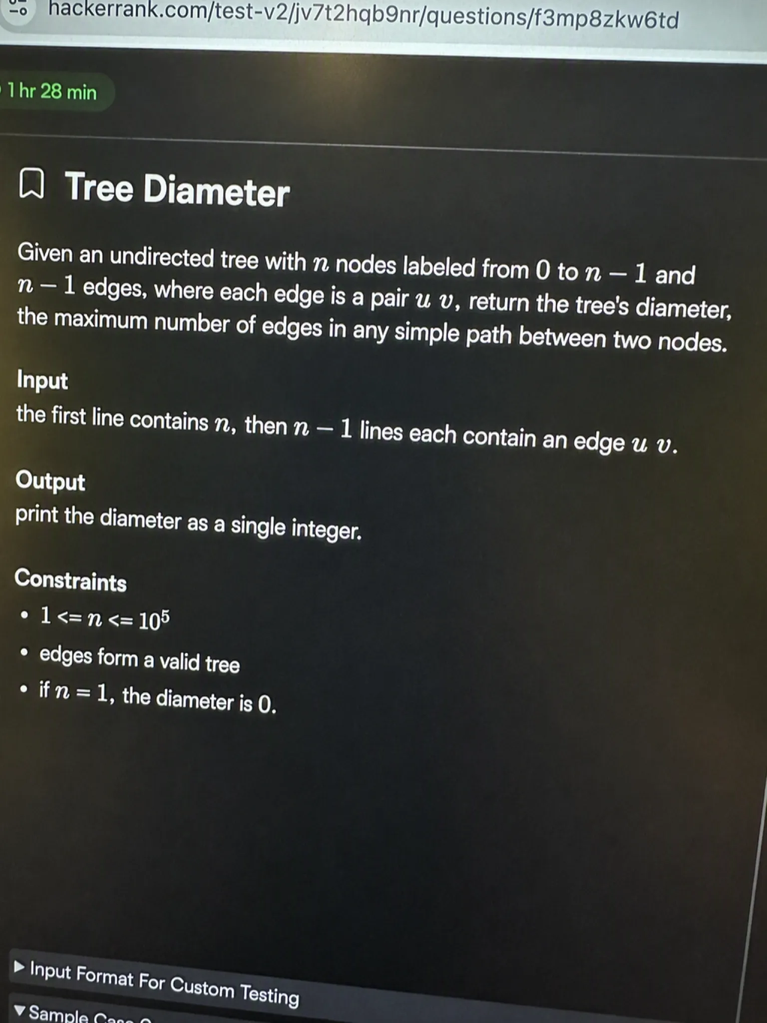 HackerRank OA question 1: Tree Diameter