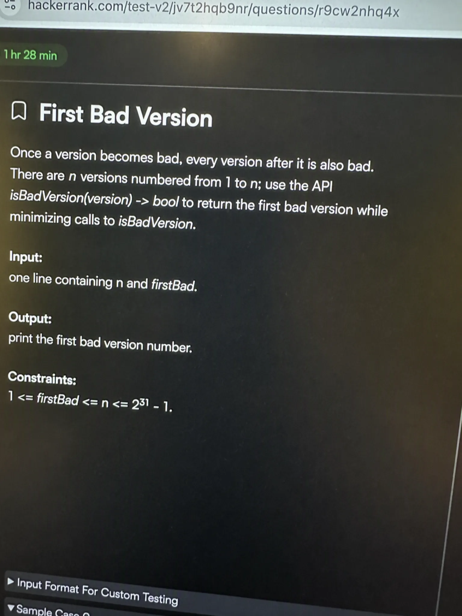 HackerRank OA question 2: First Bad Version