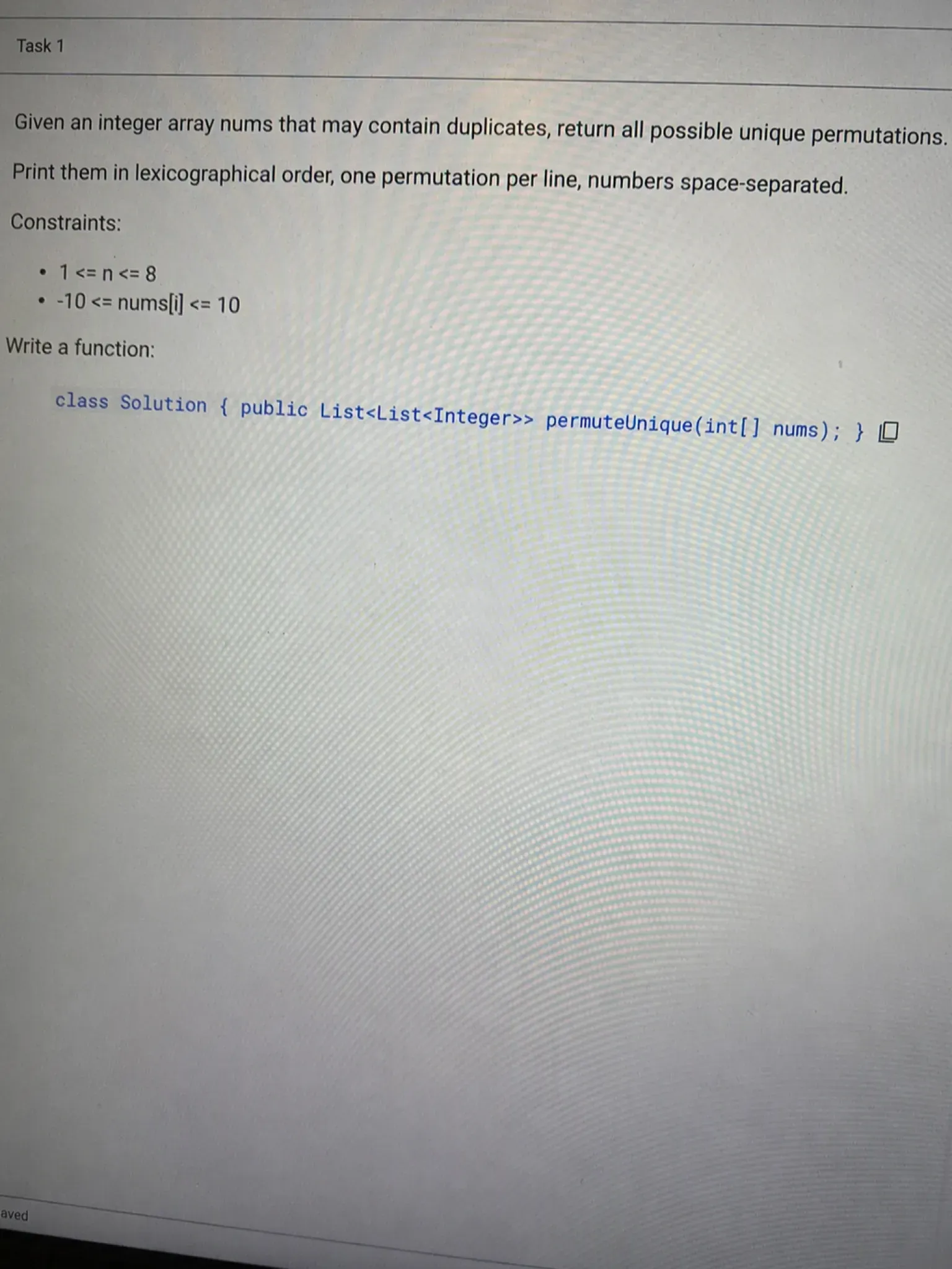 Question 1 Permutations II on the Codility interface
