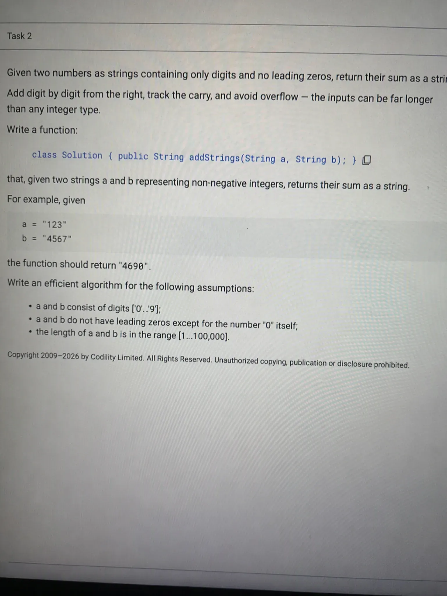 Question 2 String Addition for Large Numbers on the Codility interface