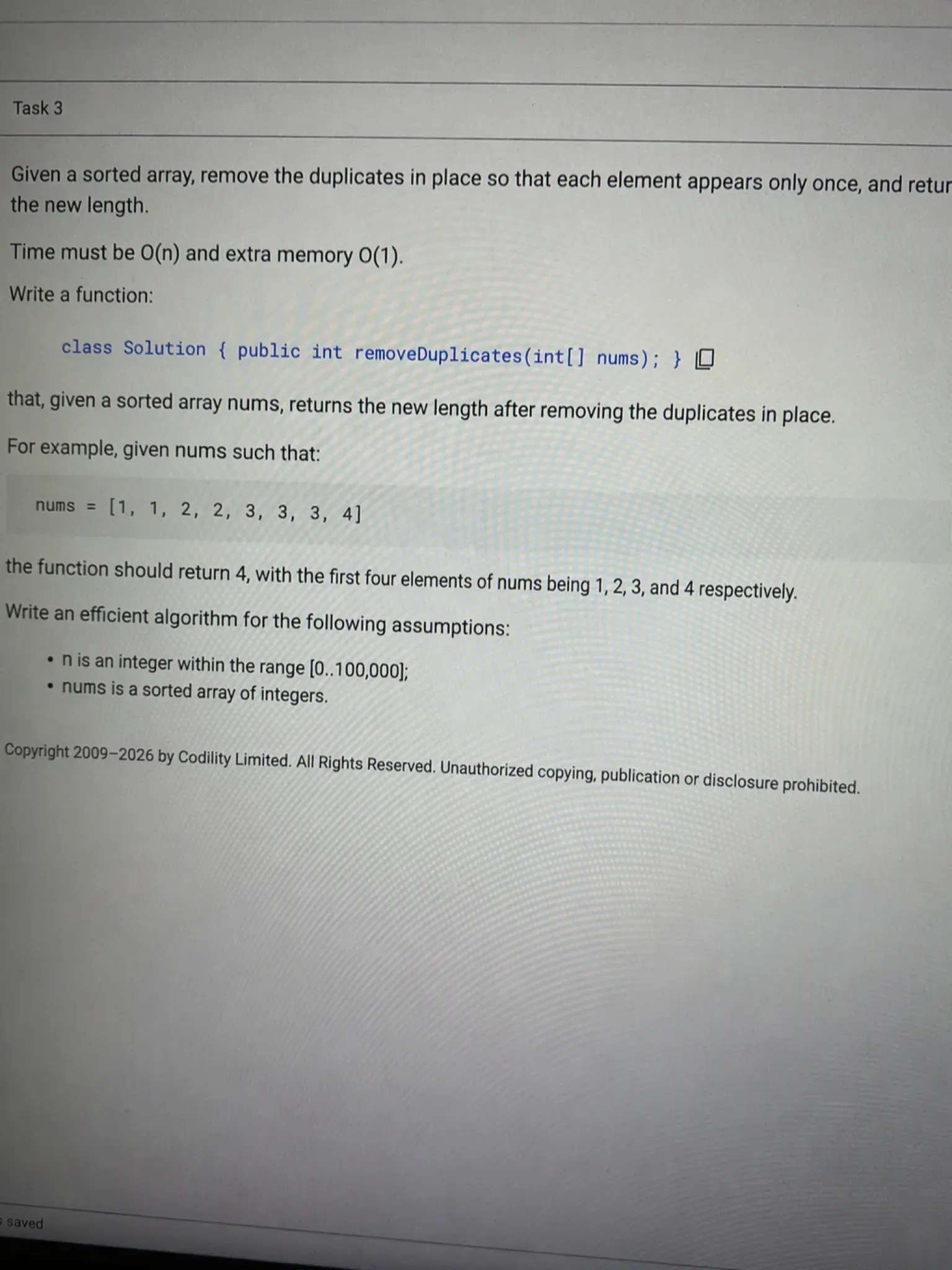 Question 3 Remove Duplicates In-Place on the Codility interface