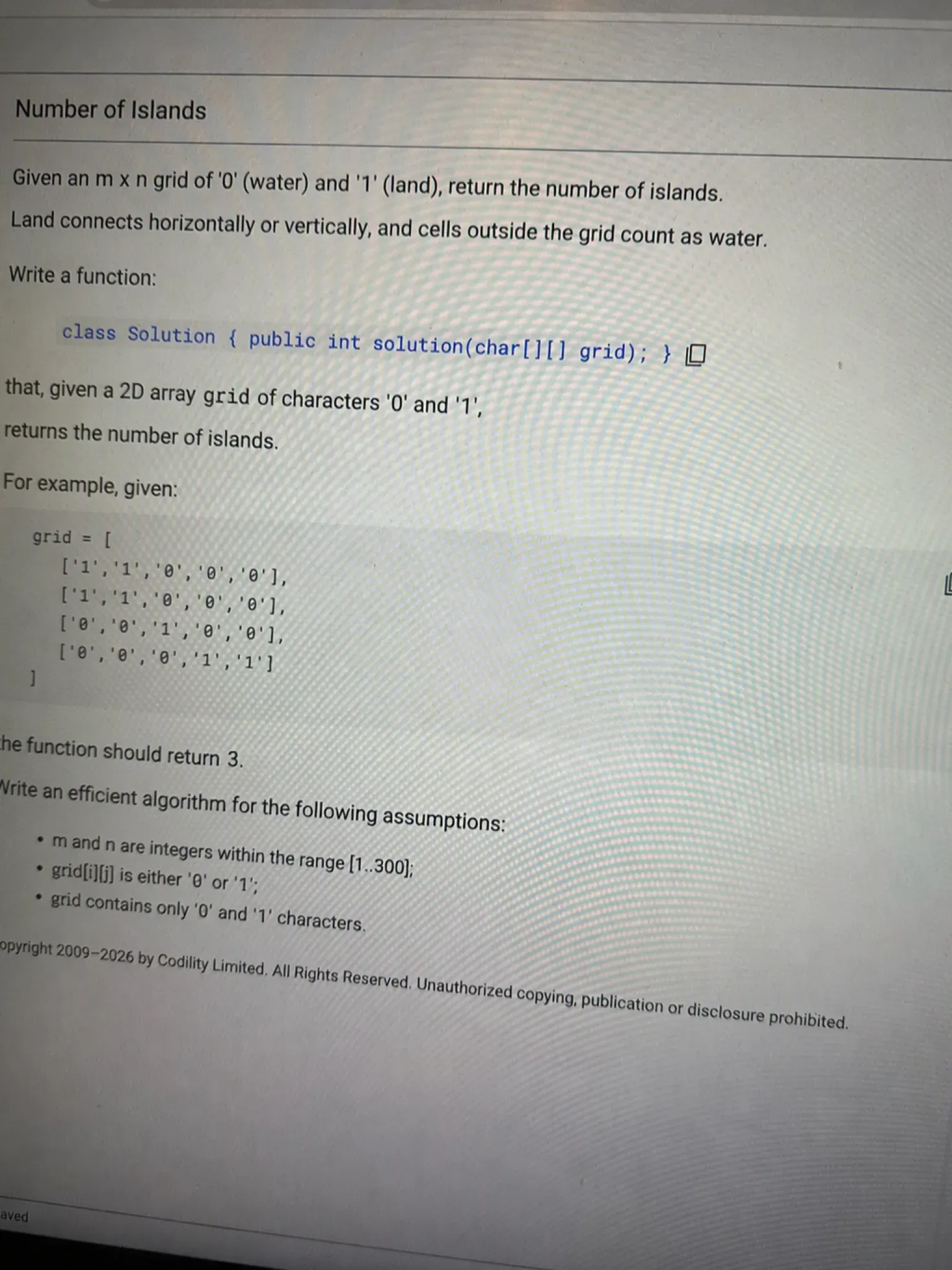 Codility OA question 1 — Number of Islands