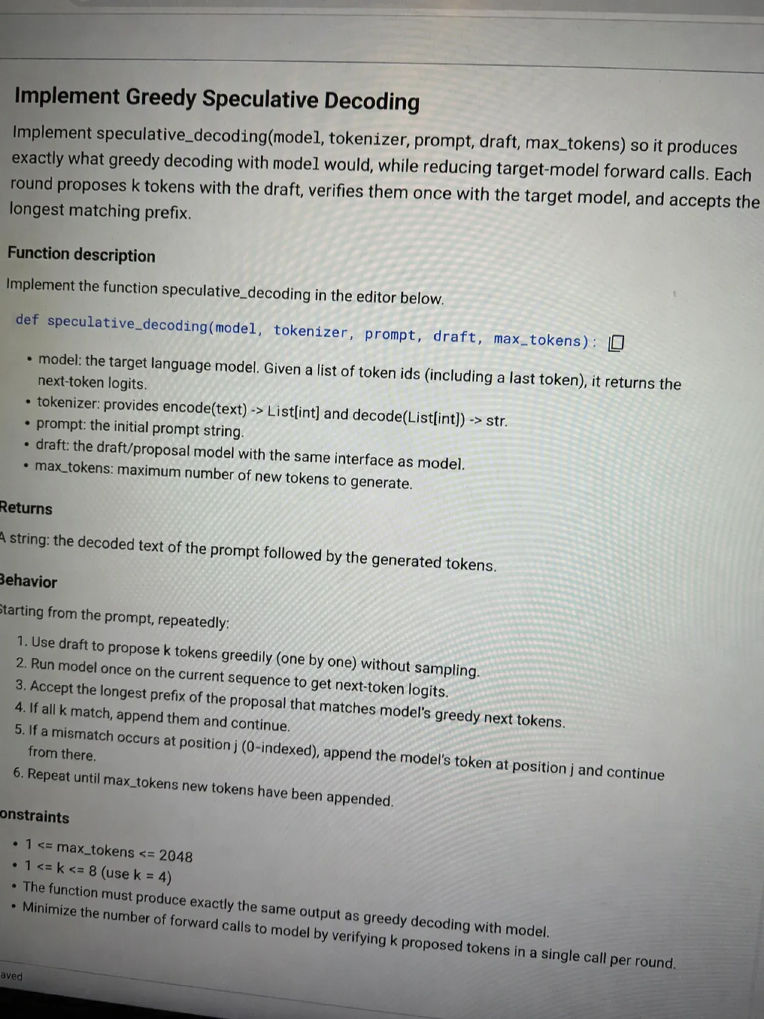 Codility OA question 3 — Implement Greedy Speculative Decoding