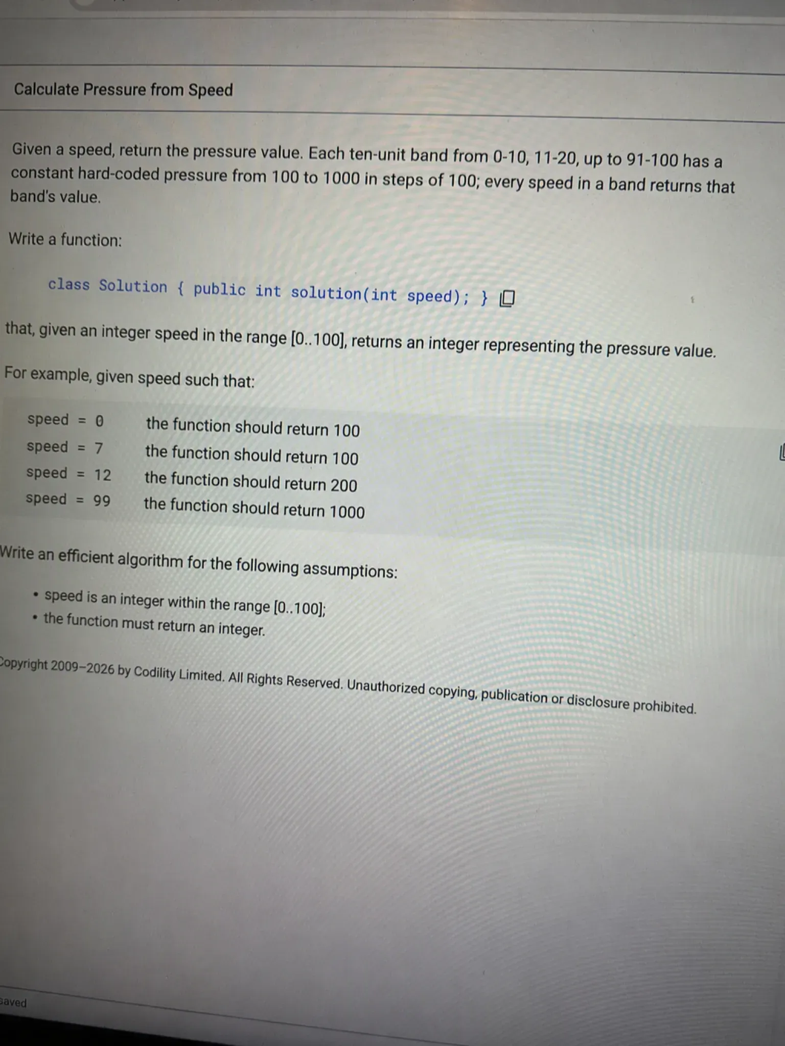 Codility OA question 4 — Calculate Pressure from Speed
