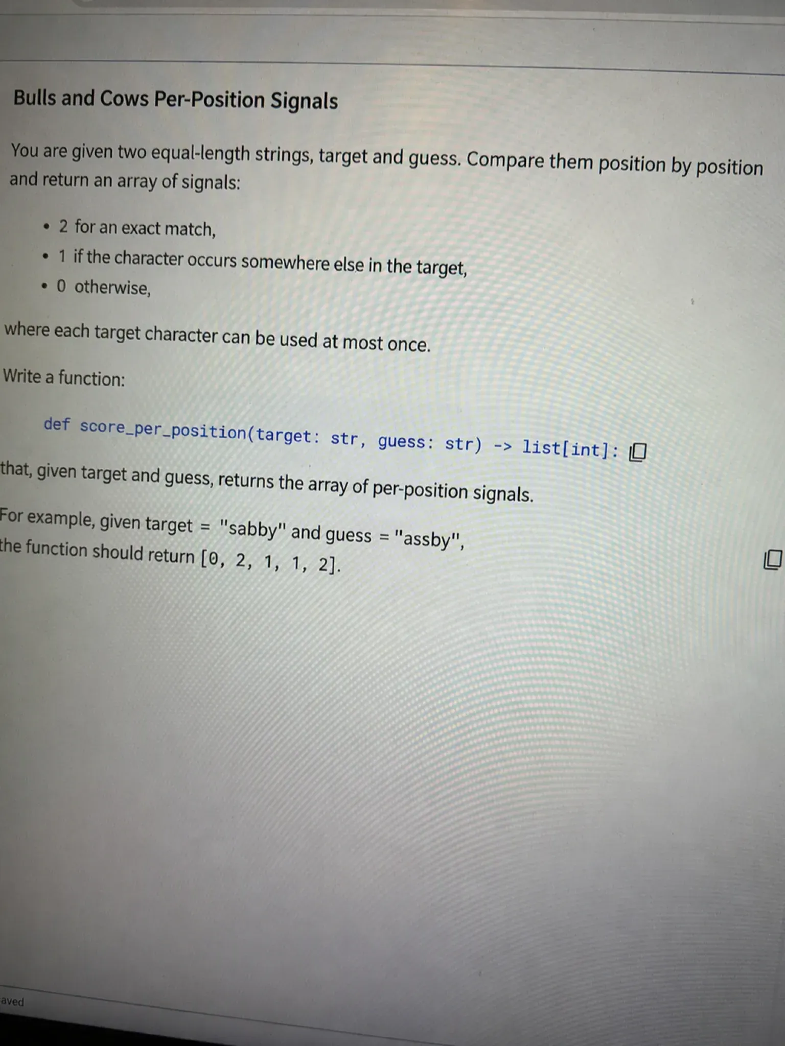 Codility OA question 1: Bulls and Cows Per-Position Signals