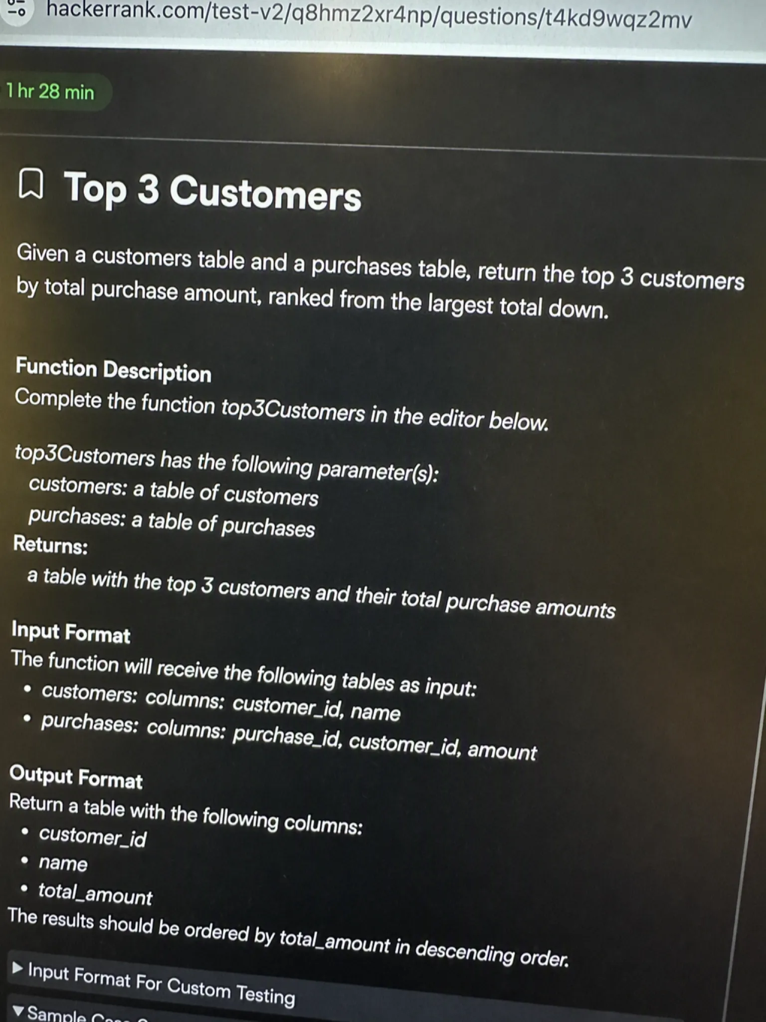 HackerRank OA question 1: Top 3 Customers