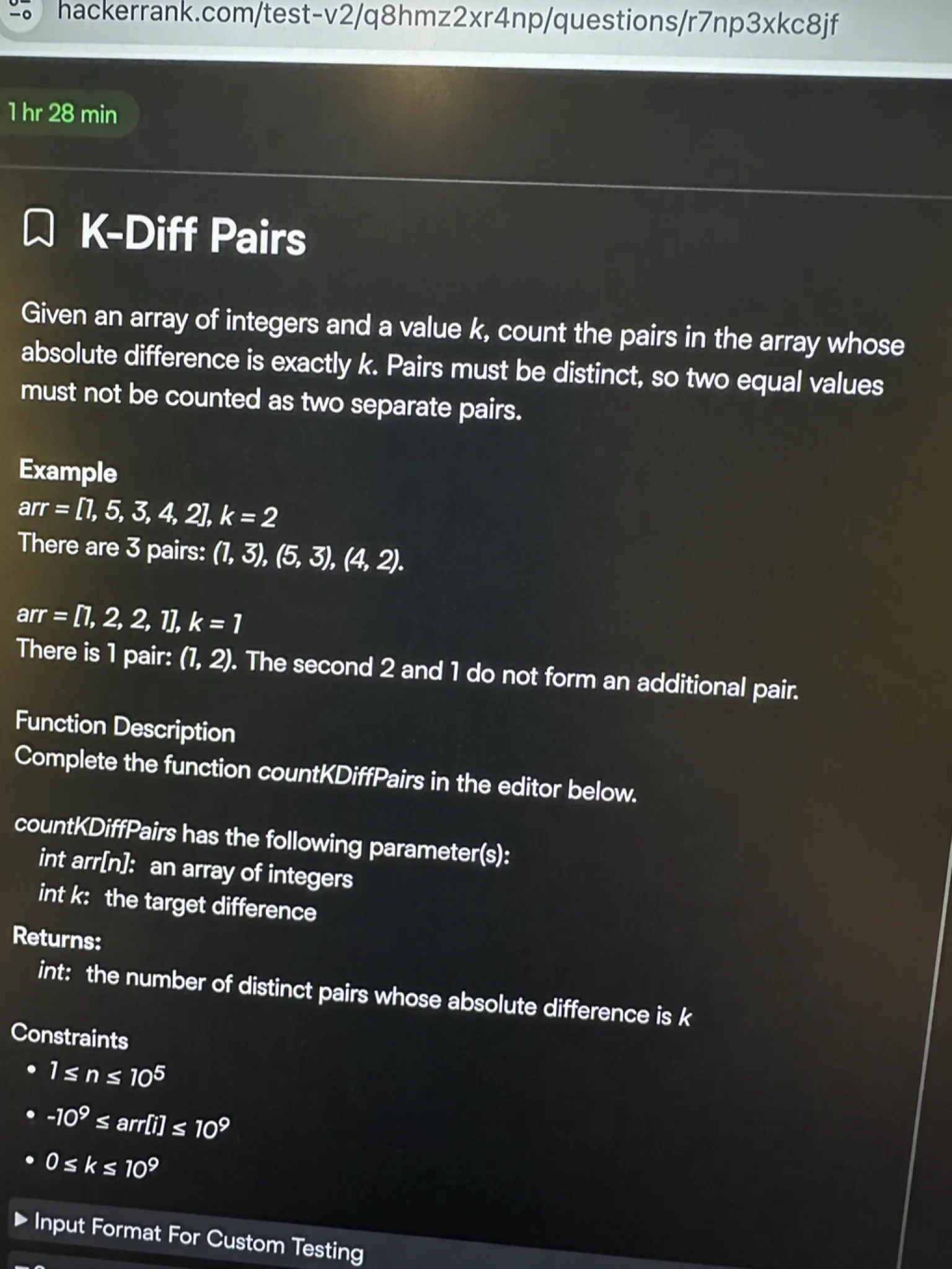 HackerRank OA question 2: K-Diff Pairs