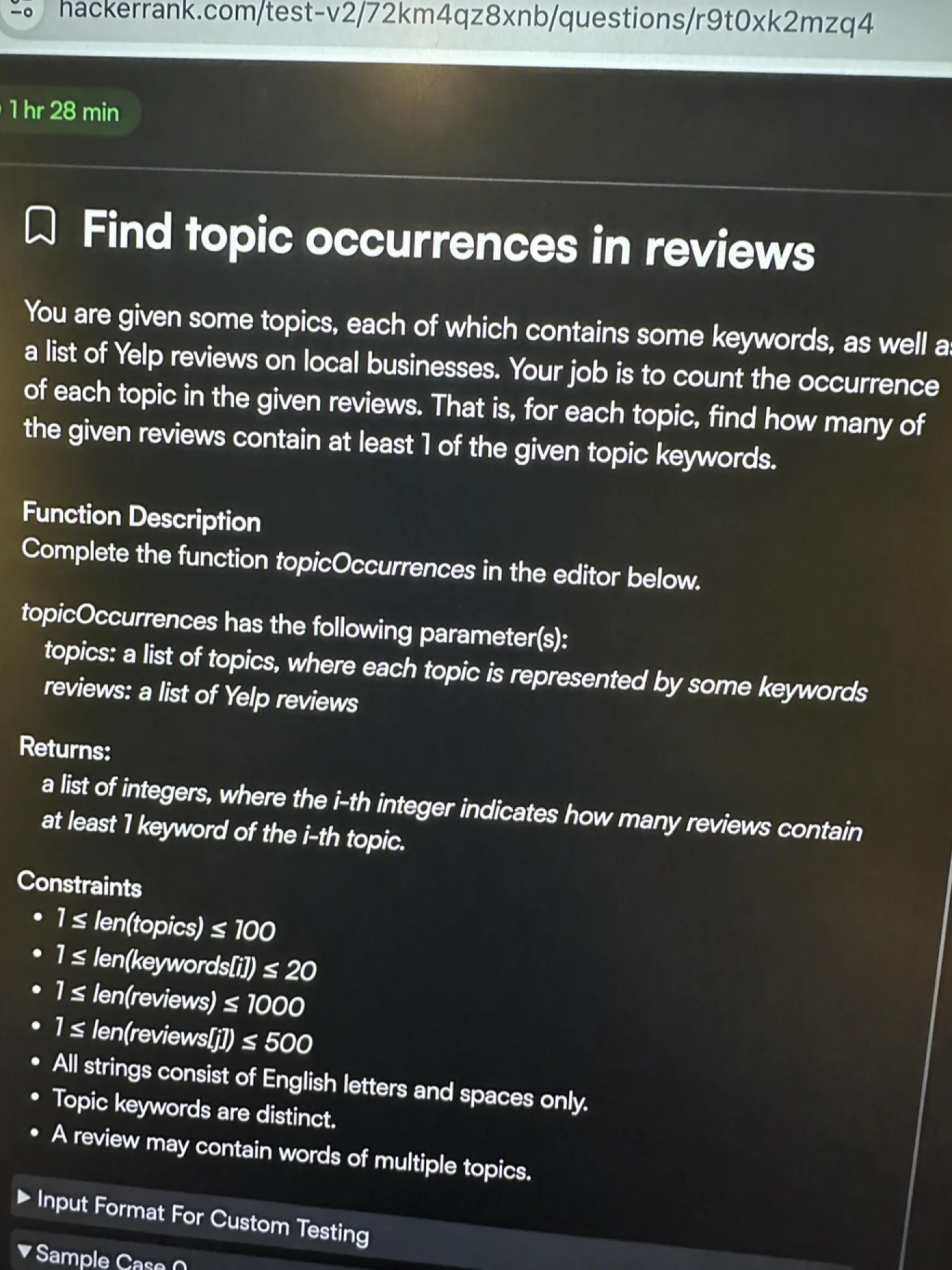 HackerRank OA question 1 — Find topic occurrences in reviews