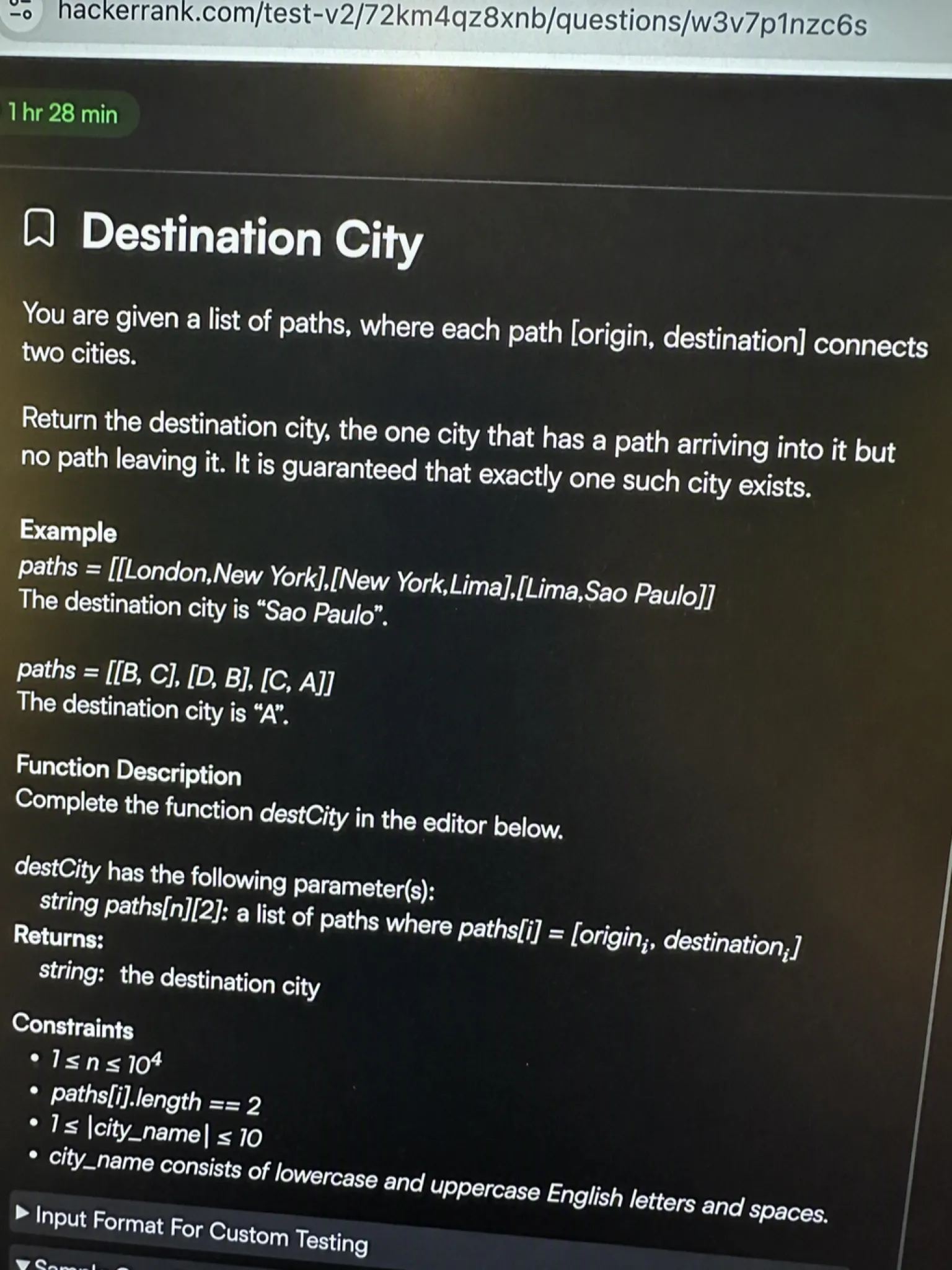 HackerRank OA question 2 — Destination City