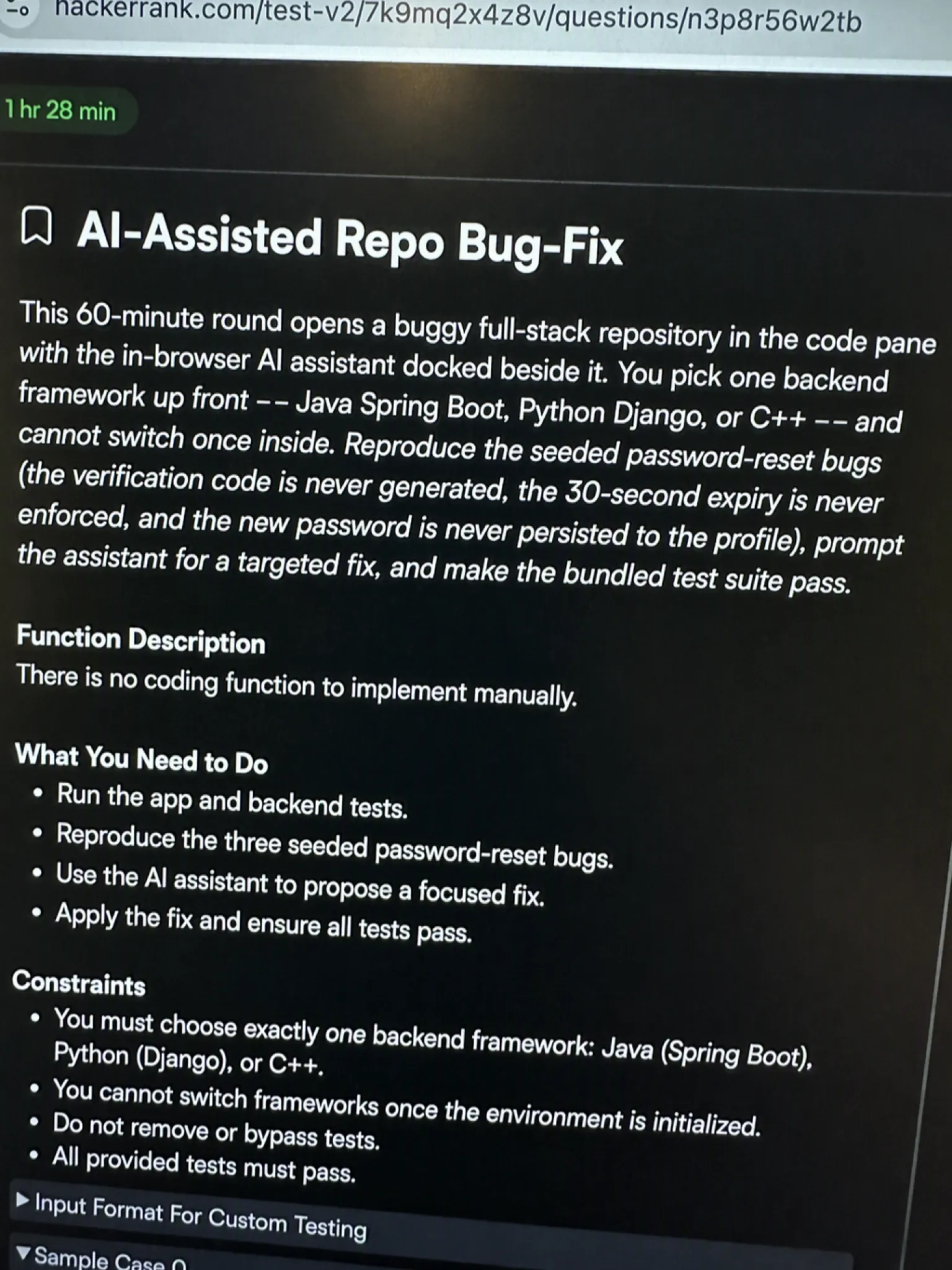 Question 2: AI-assisted repo bug-fix round, reconstructed Amazon OA screenshot