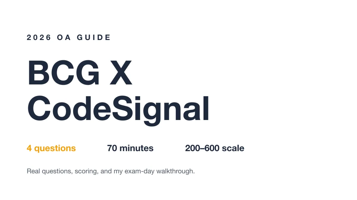 BCG X CodeSignal OA guide cover: 4 questions, 70 minutes, 200-600 scale