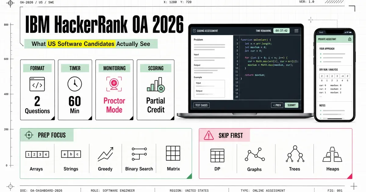 IBM HackerRank OA 2026 dashboard cover — format, timer, monitoring, and scoring at a glance, with the dual-device coding assistant shown alongside the exam interface