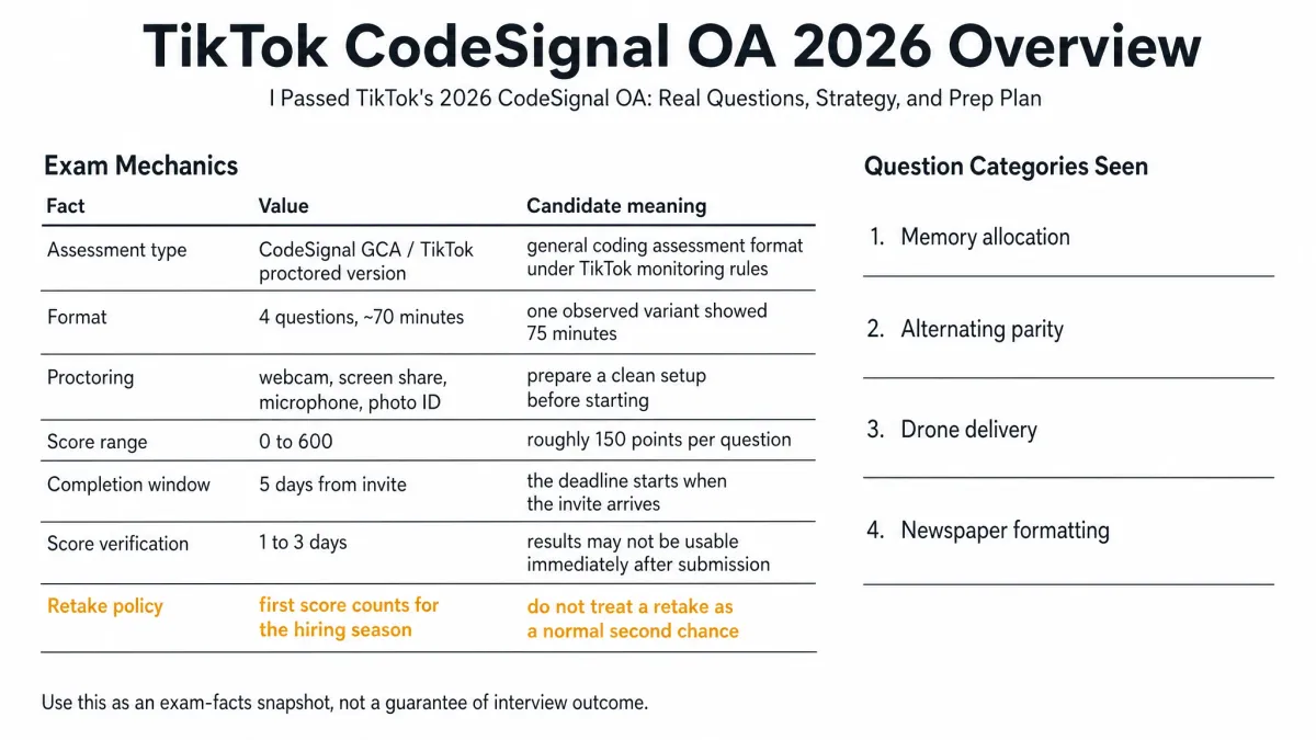 TikTok CodeSignal OA 2026 overview infographic showing format, proctoring, scoring, deadline, retake policy, and question categories