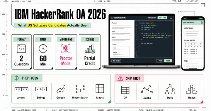 IBM HackerRank OA 2026 dashboard cover — format, timer, monitoring, and scoring at a glance, with the dual-device coding assistant shown alongside the exam interface