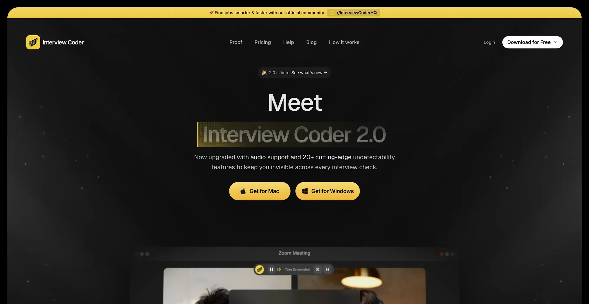 Interview Coder(Cluely) homepage screenshot in 2026 review.