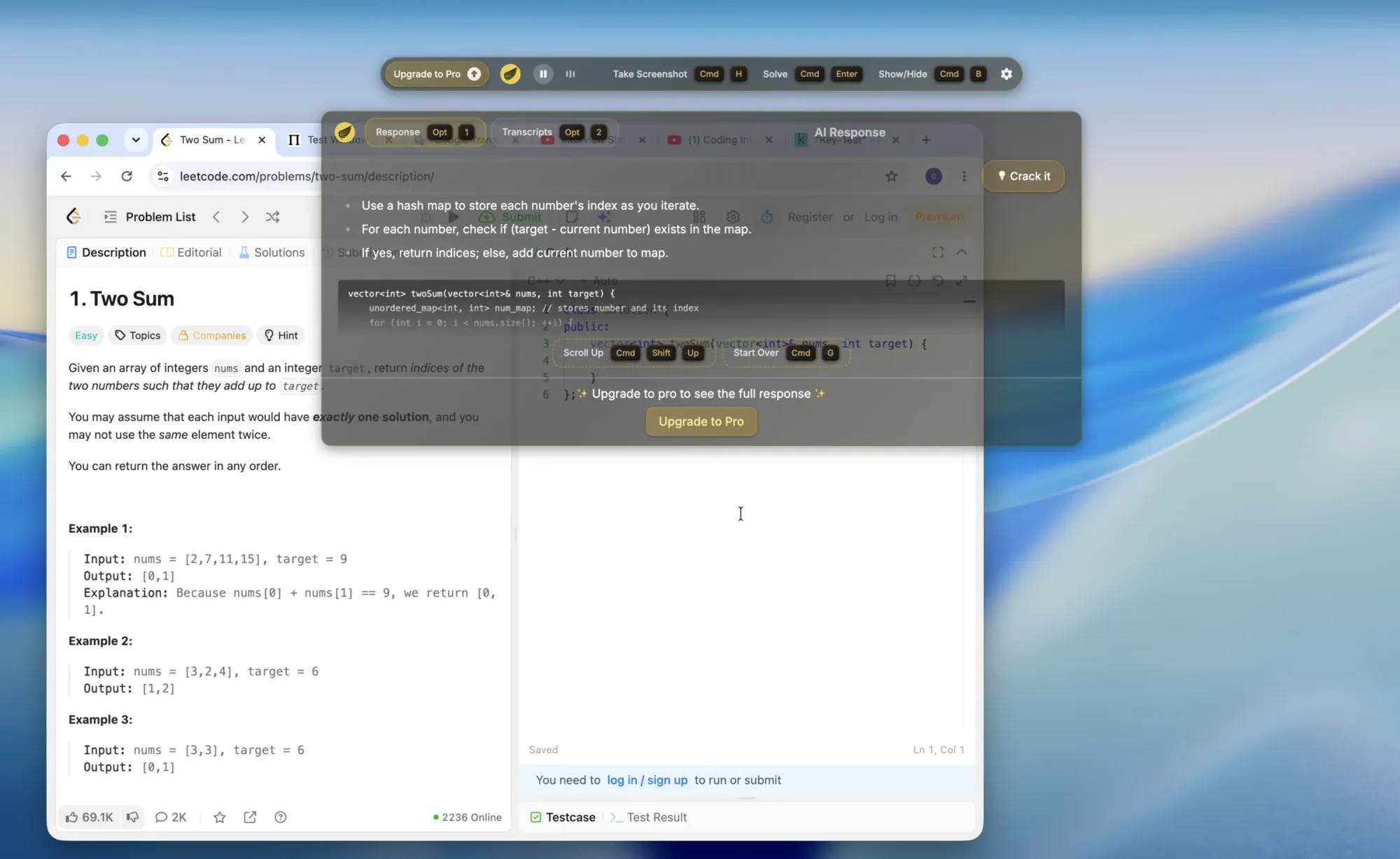 Interview Coder handling a clean Two Sum prompt