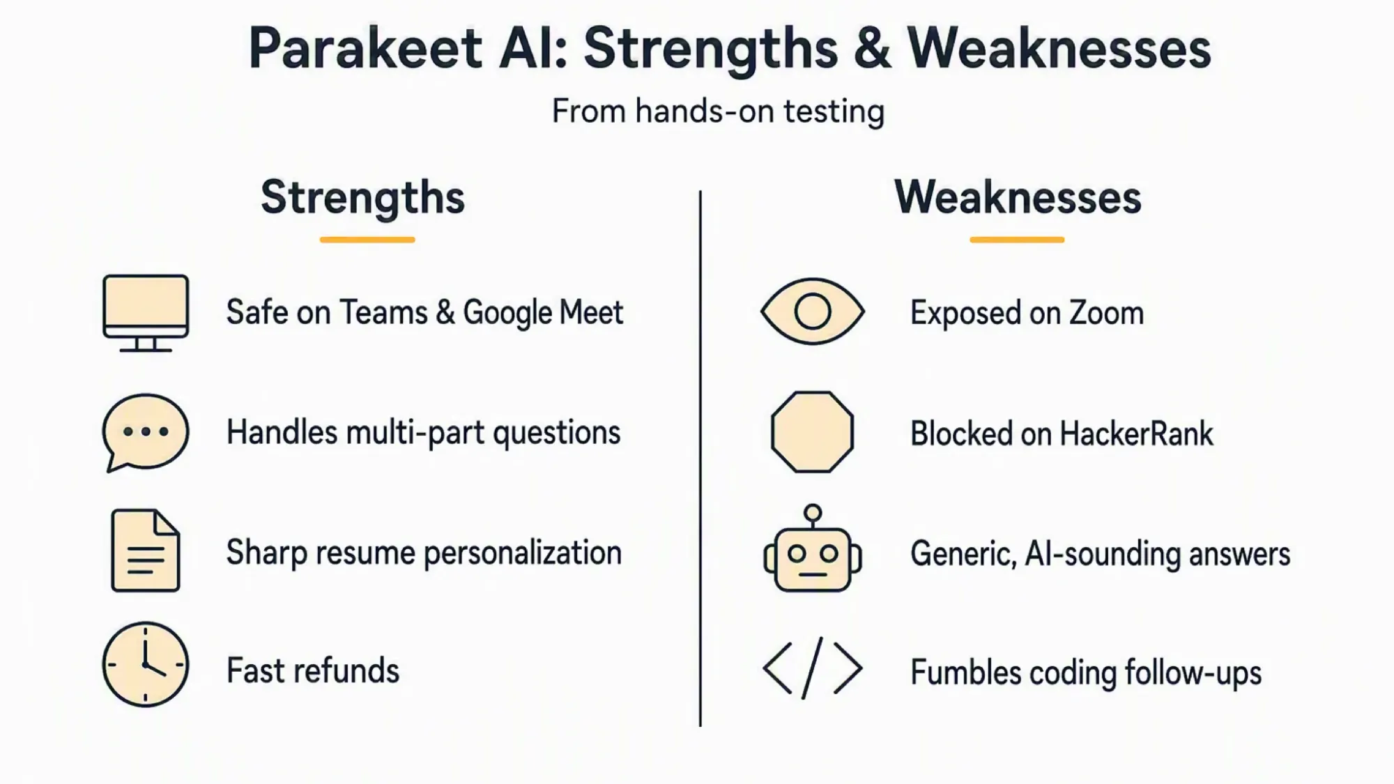 Parakeet AI strengths: safe on Teams & Google Meet, handles multi-part questions, sharp resume personalization, fast refunds. Weaknesses: exposed on Zoom, blocked on HackerRank, generic AI-sounding answers, fumbles coding follow-ups