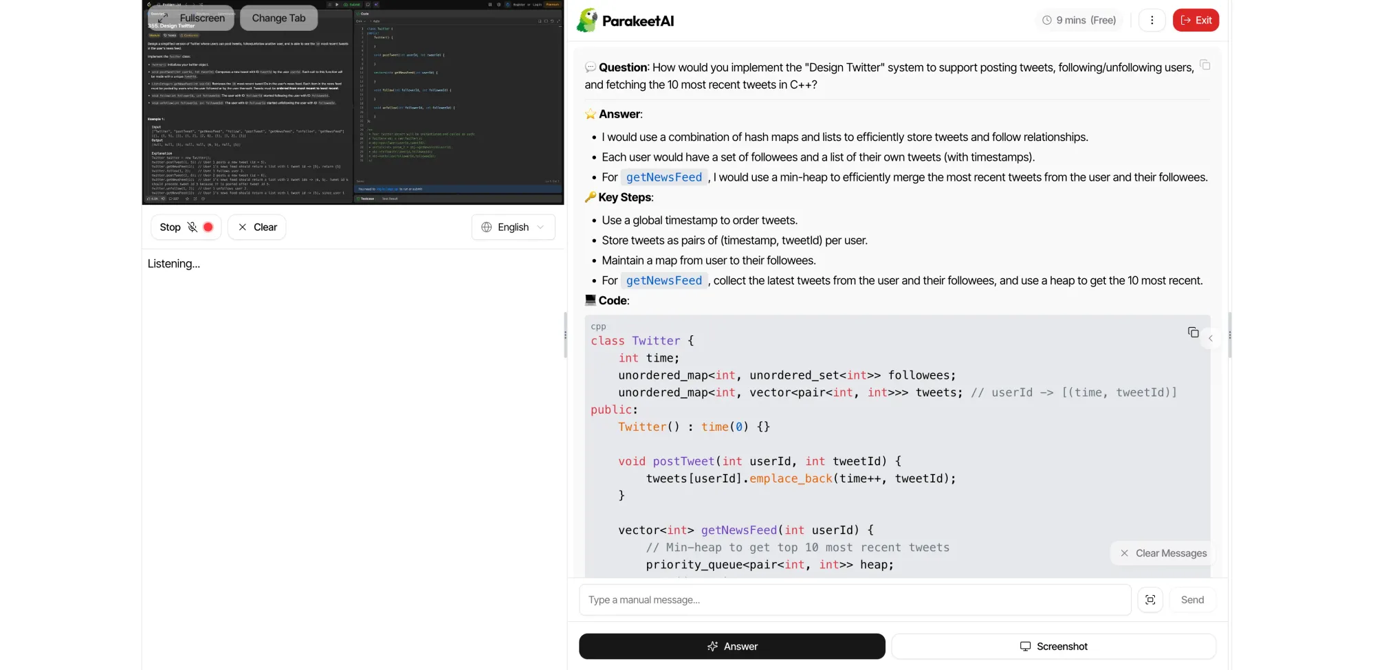 Parakeet AI's Design Twitter coding answer, a system-design-style LeetCode problem
