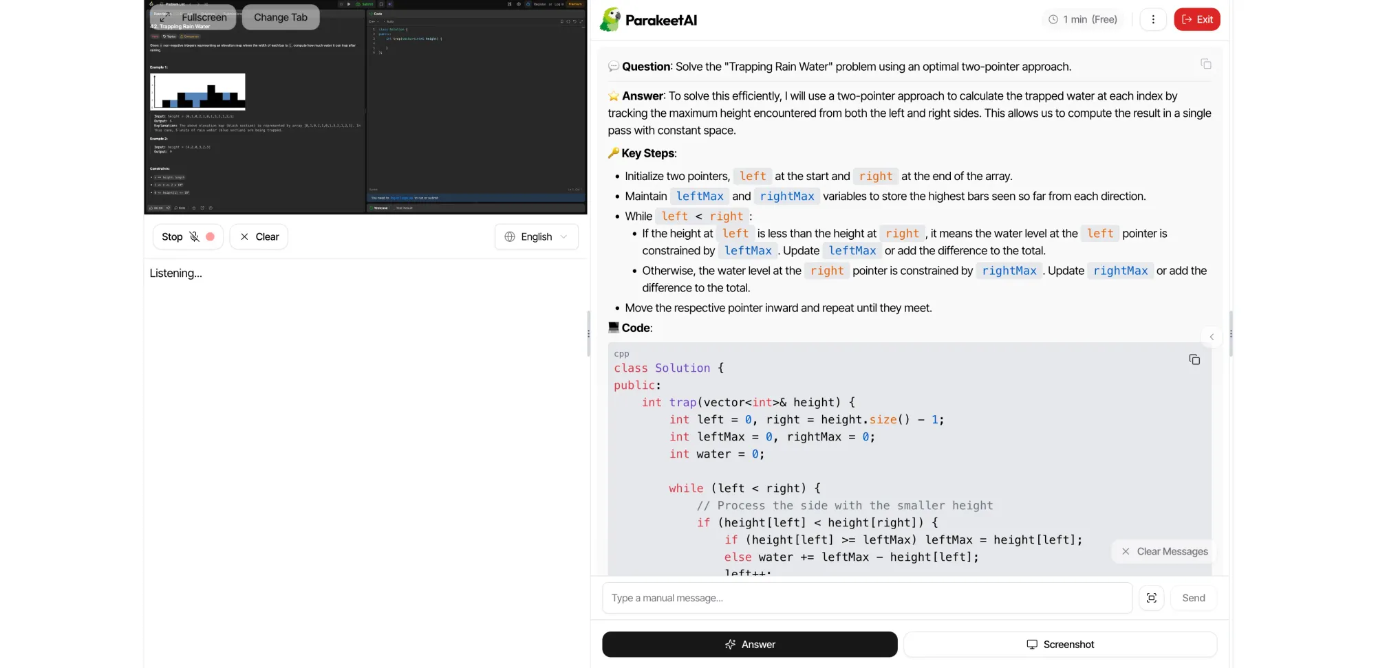 Parakeet AI's Trapping Rain Water coding answer