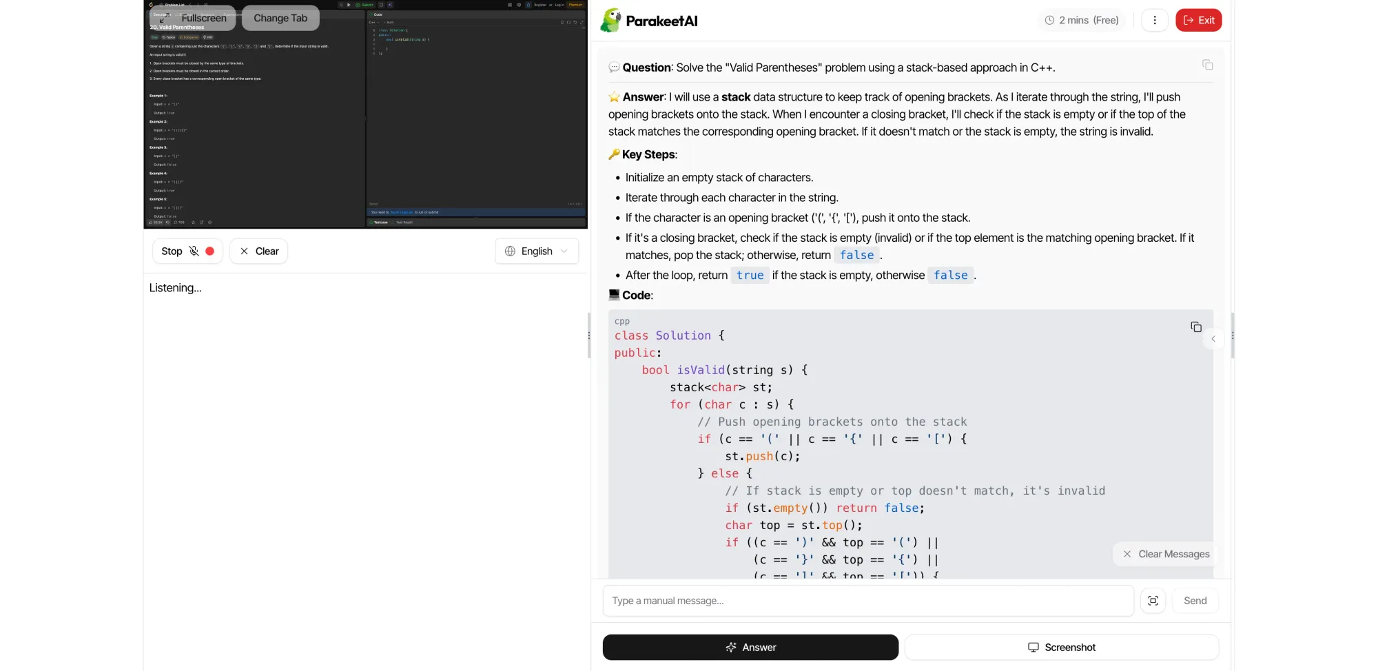 Parakeet AI's Valid Parentheses coding answer