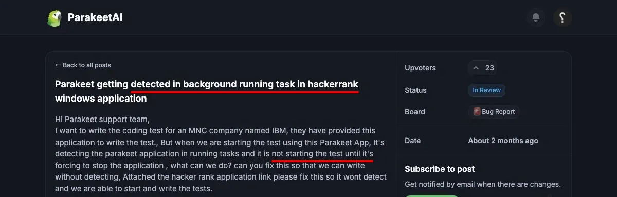 Similar public HackerRank detection feedback: the assessment app detects Parakeet and blocks the test