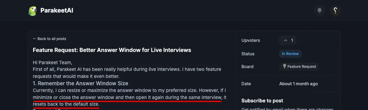 Public feedback: request for the answer window to remember its resized dimensions between sessions