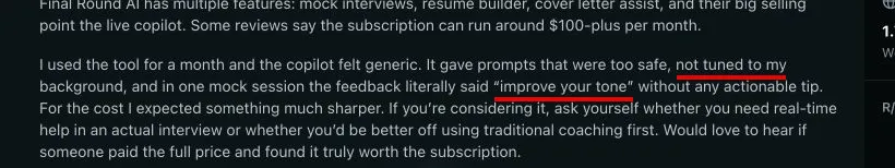 Reddit report describing background-mismatched prompts and non-actionable feedback