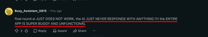 Reddit comment describing non-response and a buggy app